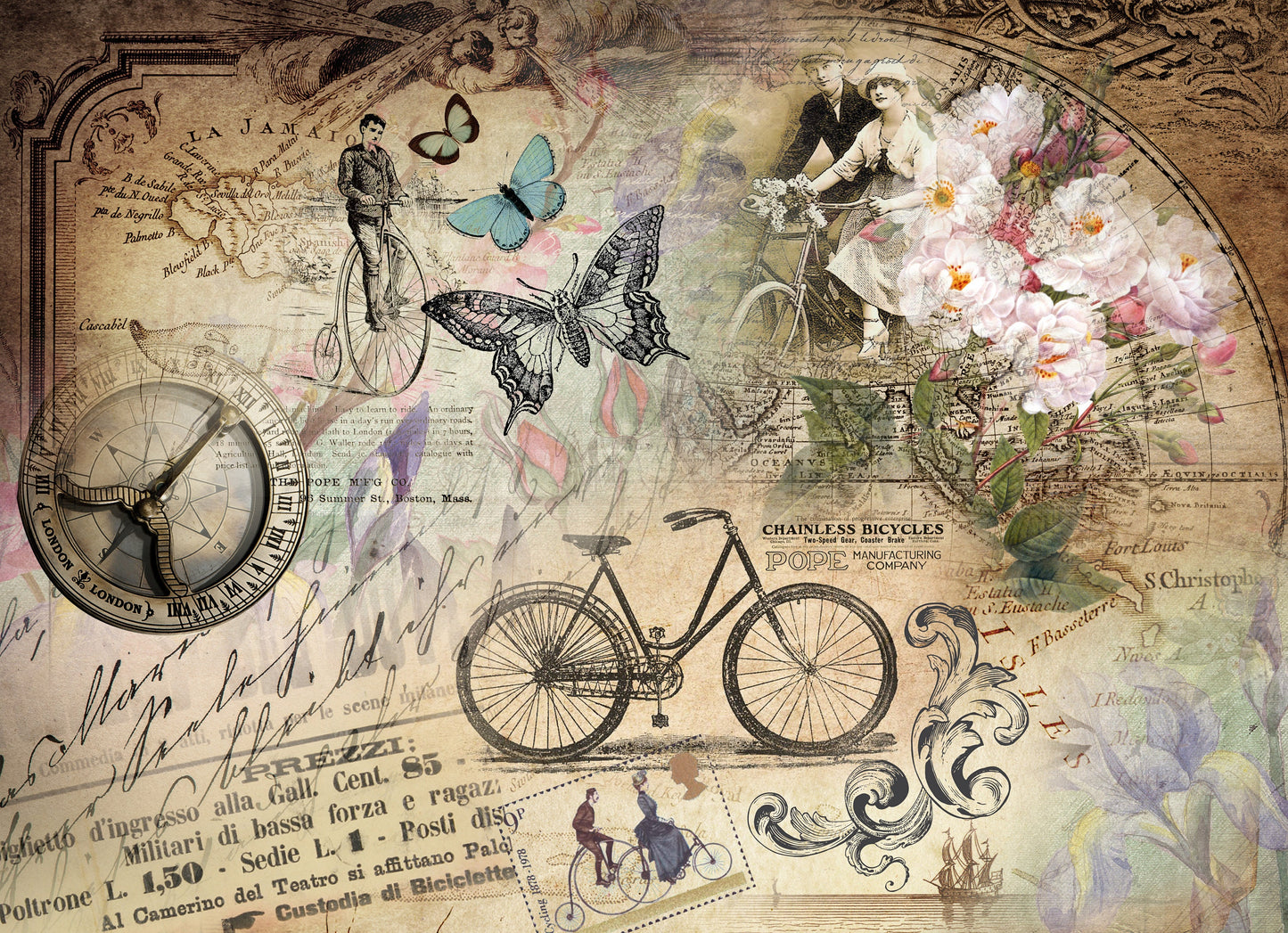 Large Decoupage for Furniture - Rice Paper - Vintage Decoupage - Floral Decoupage Paper - Flowers Birds Butterfly Bicycle