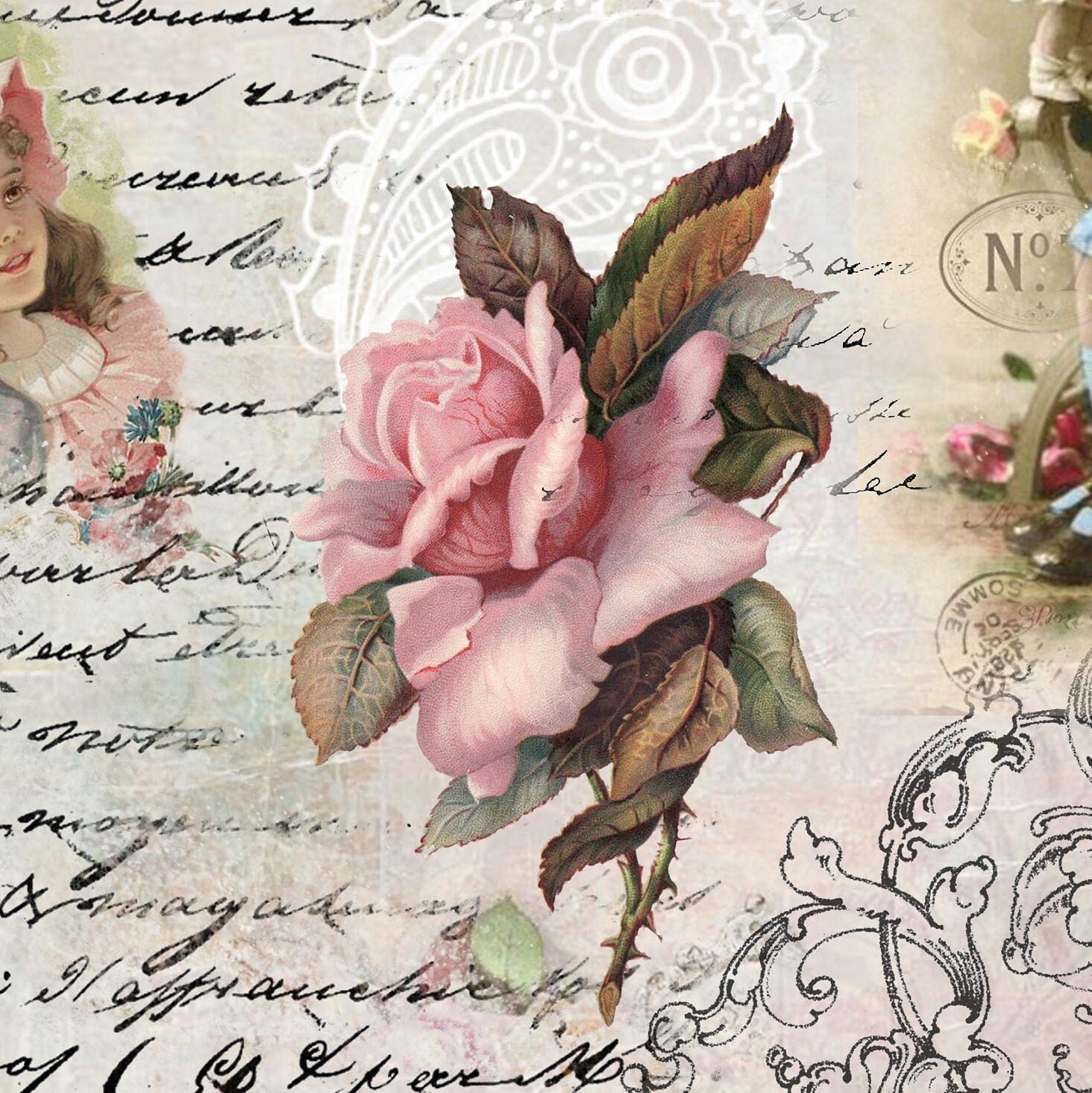 Large Decoupage for Furniture - Rice Paper - Vintage Decoupage - Floral Decoupage Paper - Little Girls Flowers