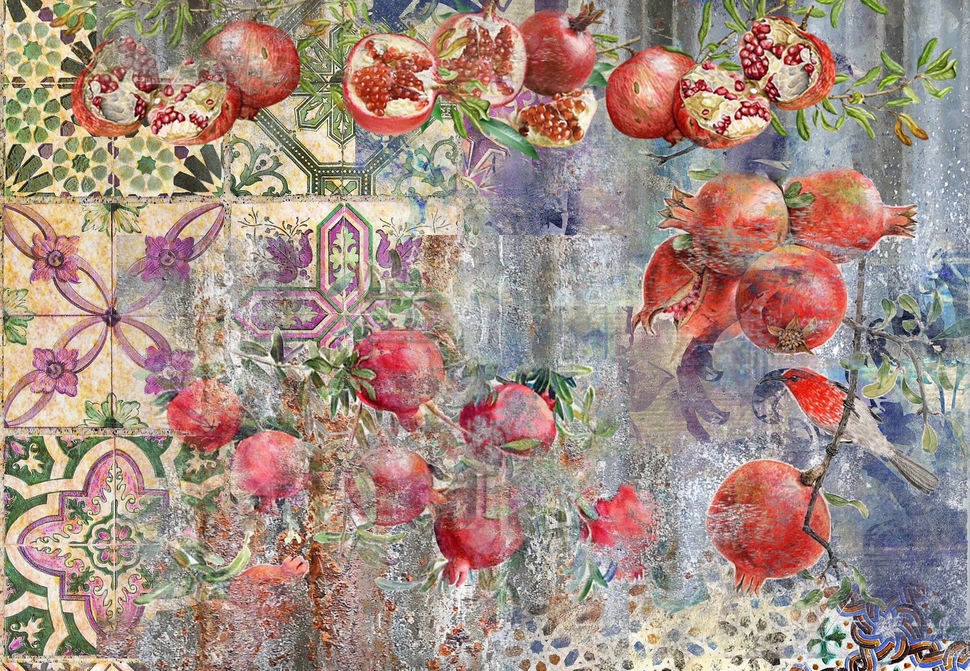 Large Decoupage for Furniture - Rice Paper - Vintage Decoupage - Floral Decoupage Paper - Pomegranate Fruit