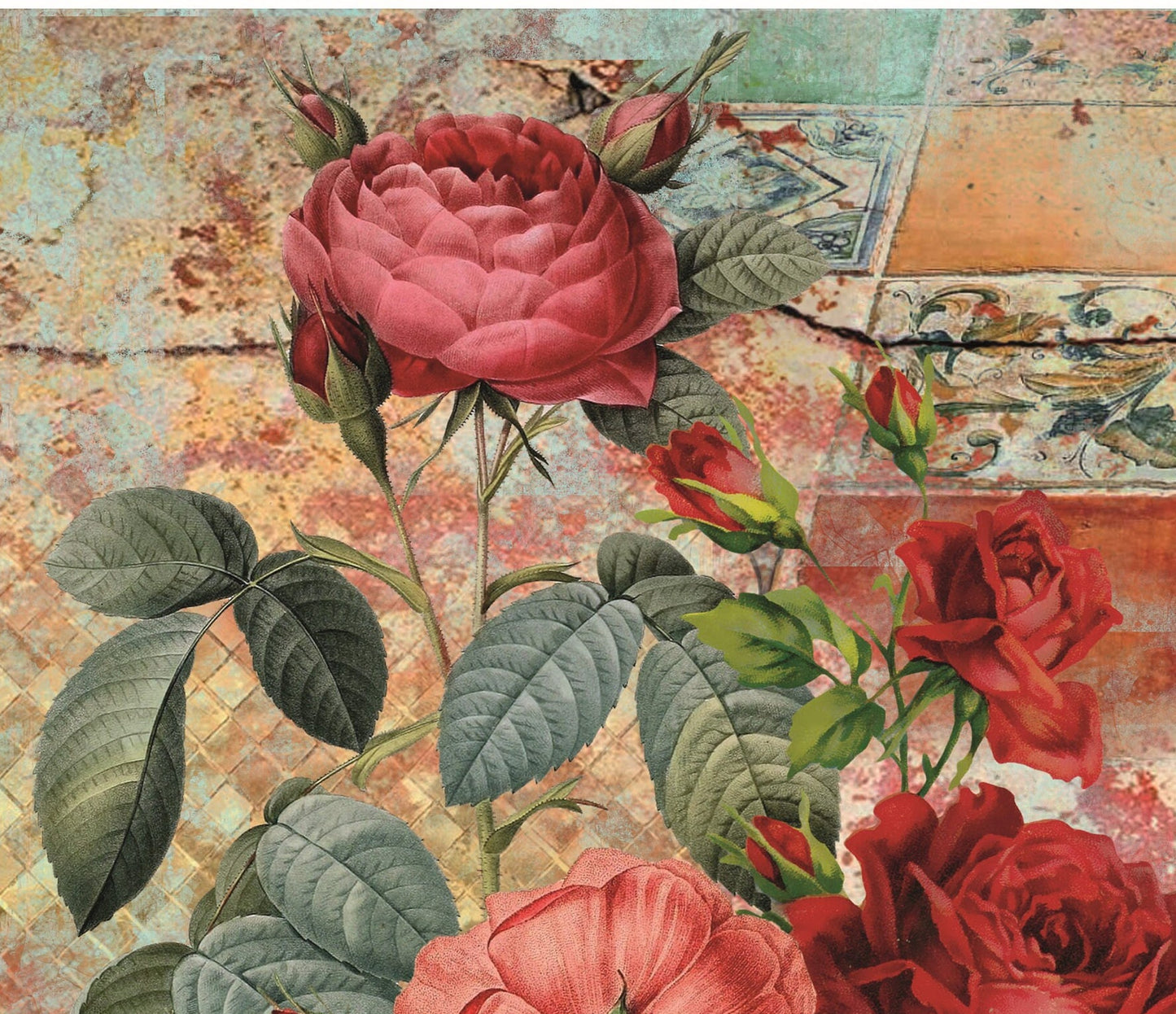 Authentic Pattern Red Roses - Large Decoupage for Furniture - Rice Paper - Vintage Decoupage - Decoupage Paper