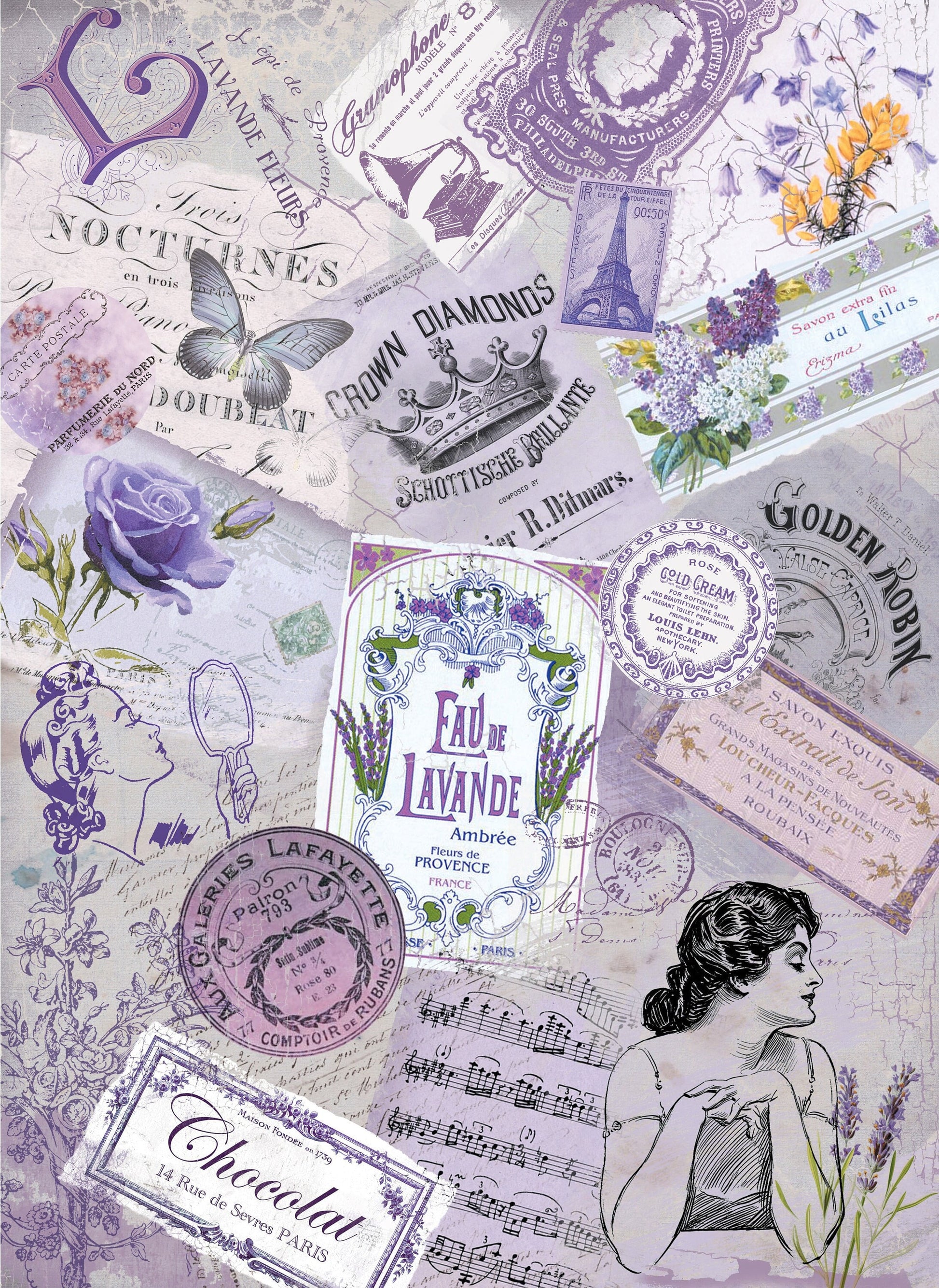 Large Decoupage Paper - Decoupage Art - Rice Paper for Decoupage - Vintage Decoupage - Purple