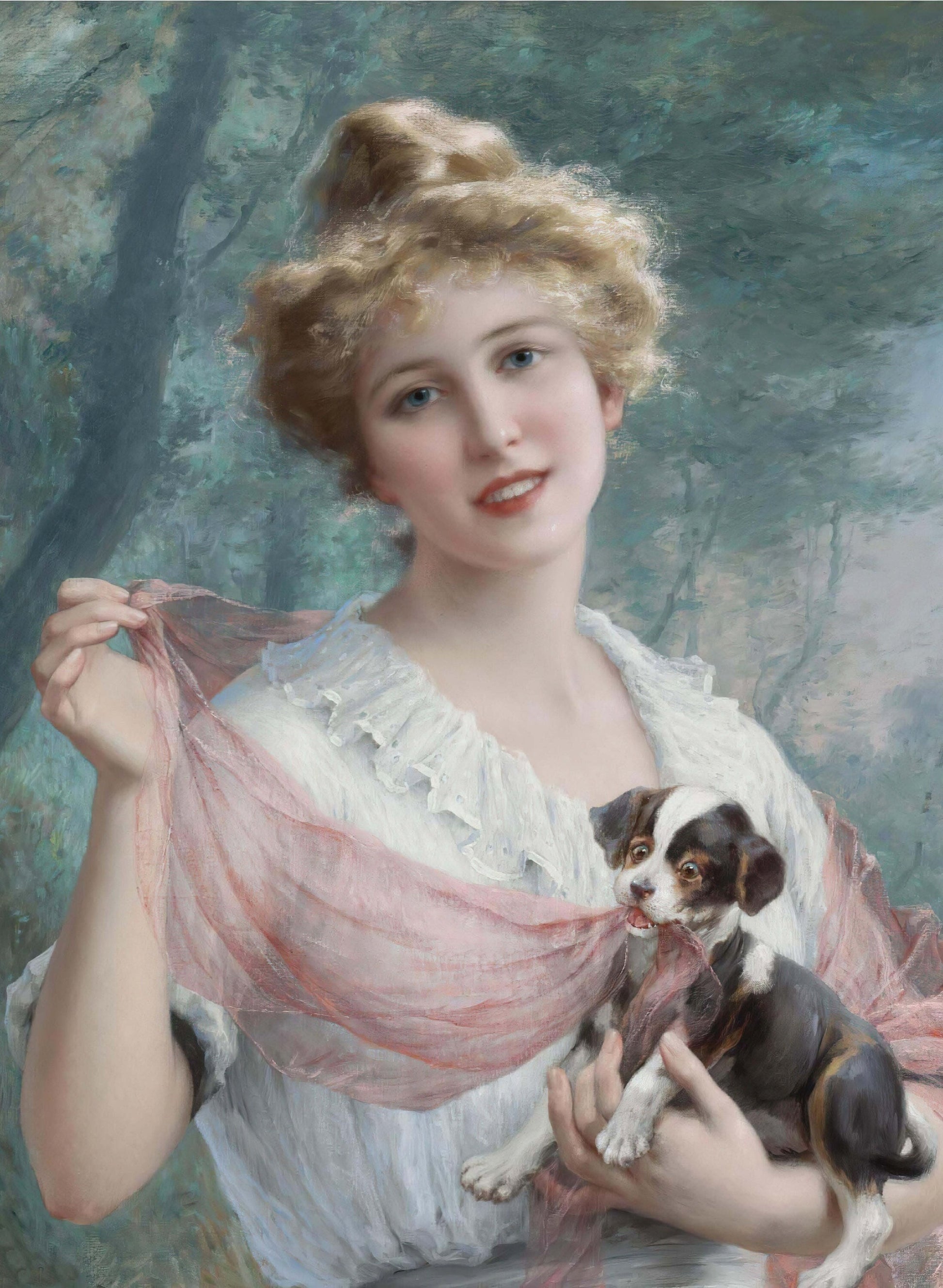 Blonde Woman Portrait with Puppy - Large Decoupage Paper for Furniture - Vintage Decoupage - Rice Paper - Historical Decoupage Paper
