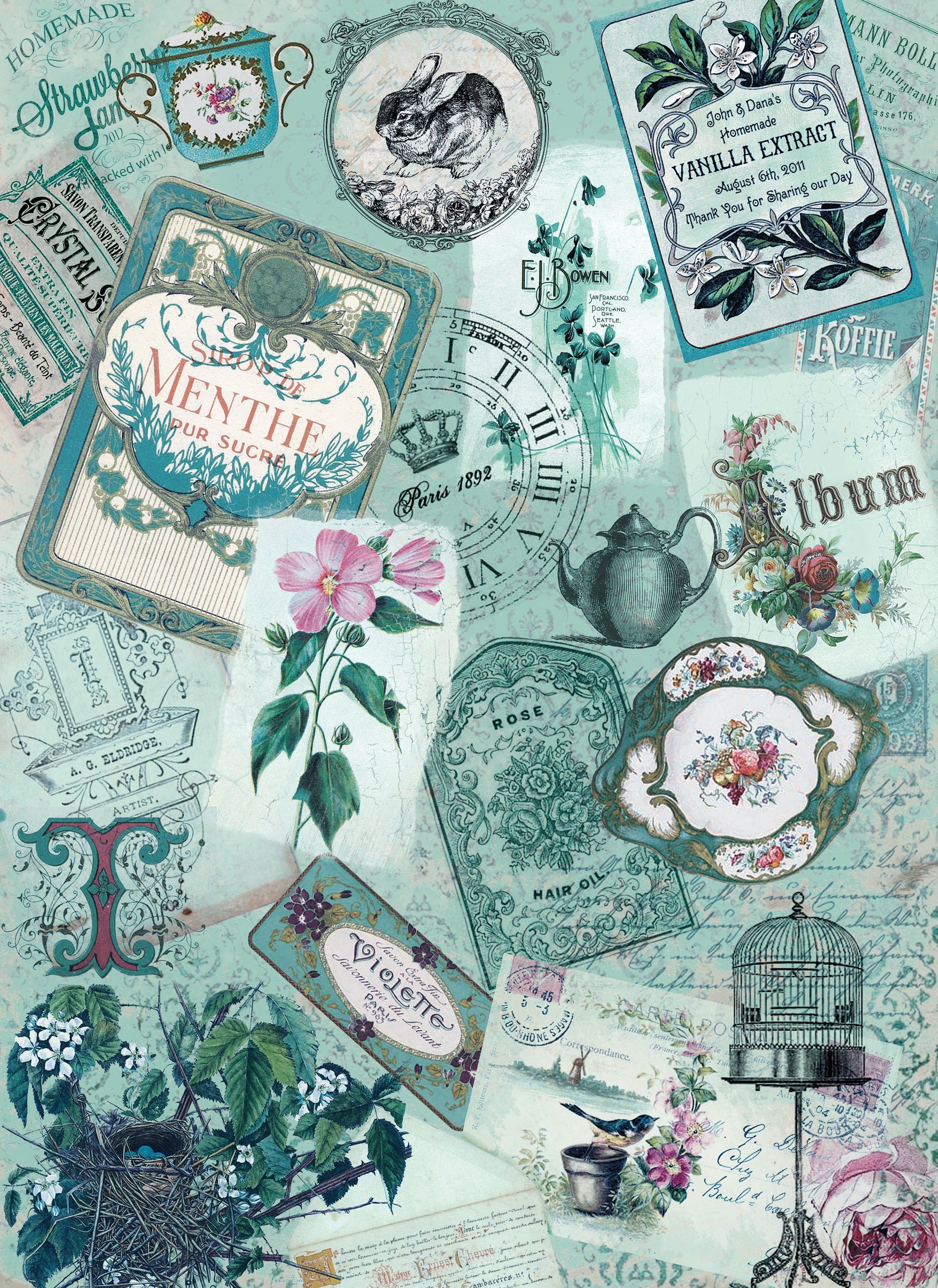 Large Decoupage Paper - Decoupage Art - Rice Paper for Decoupage - Vintage Decoupage - Green Cage Rose
