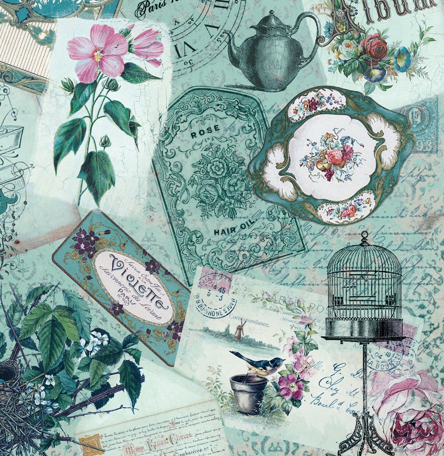 Large Decoupage Paper - Decoupage Art - Rice Paper for Decoupage - Vintage Decoupage - Green Cage Rose