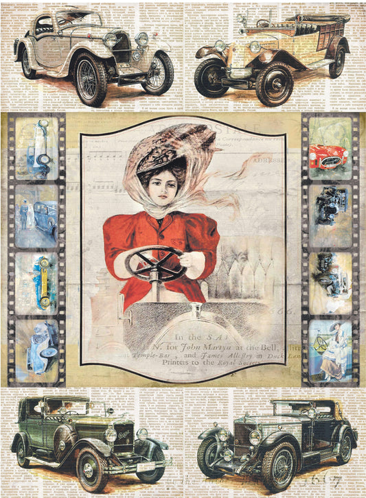 Large Decoupage Paper - Decoupage Art - Rice Paper for Decoupage - Vintage Decoupage - Women Driver