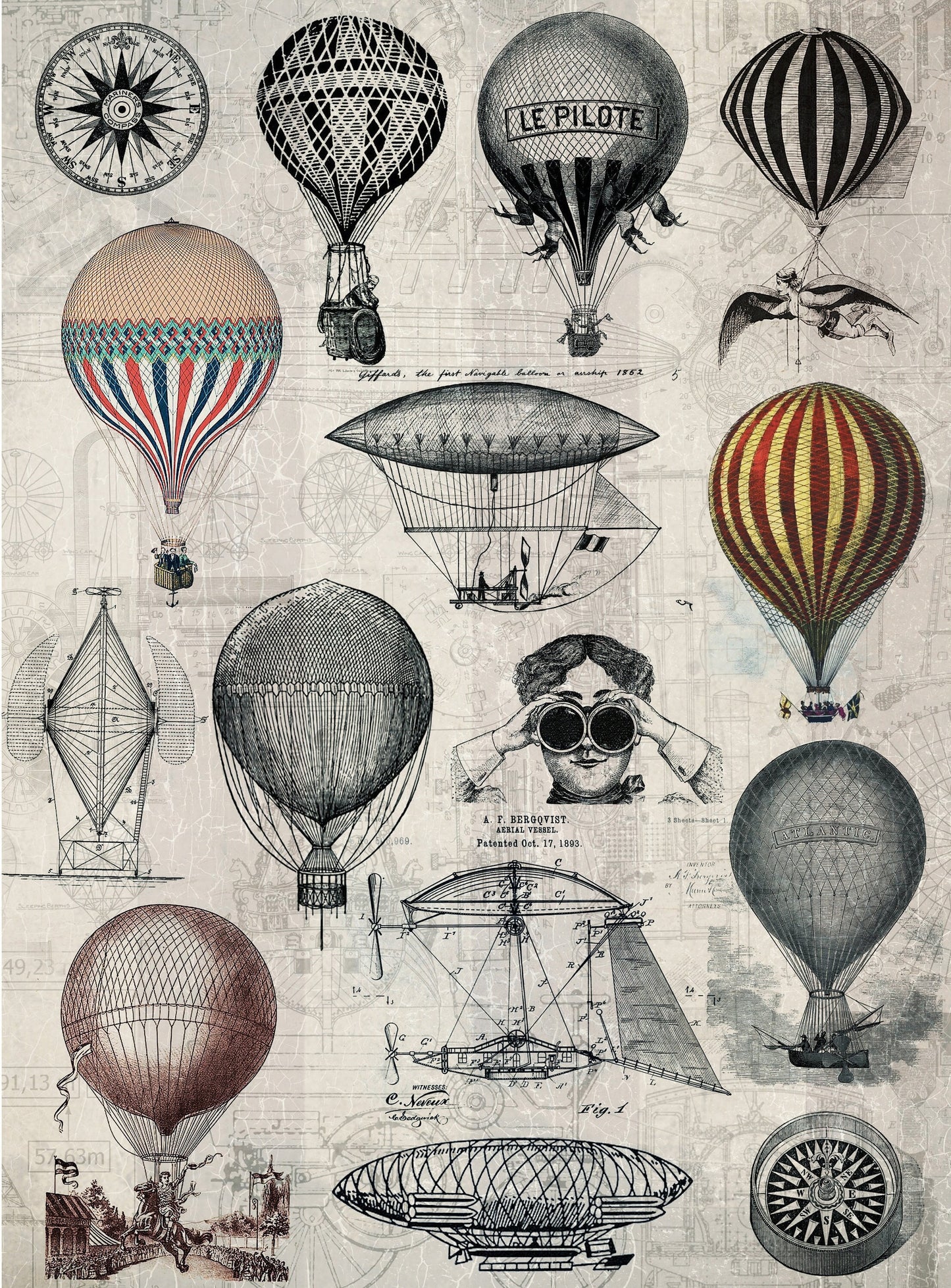 Large Decoupage Paper - Decoupage Art - Rice Paper for Decoupage - Decoupage for Furniture - Vintage Decoupage - Air Balloons