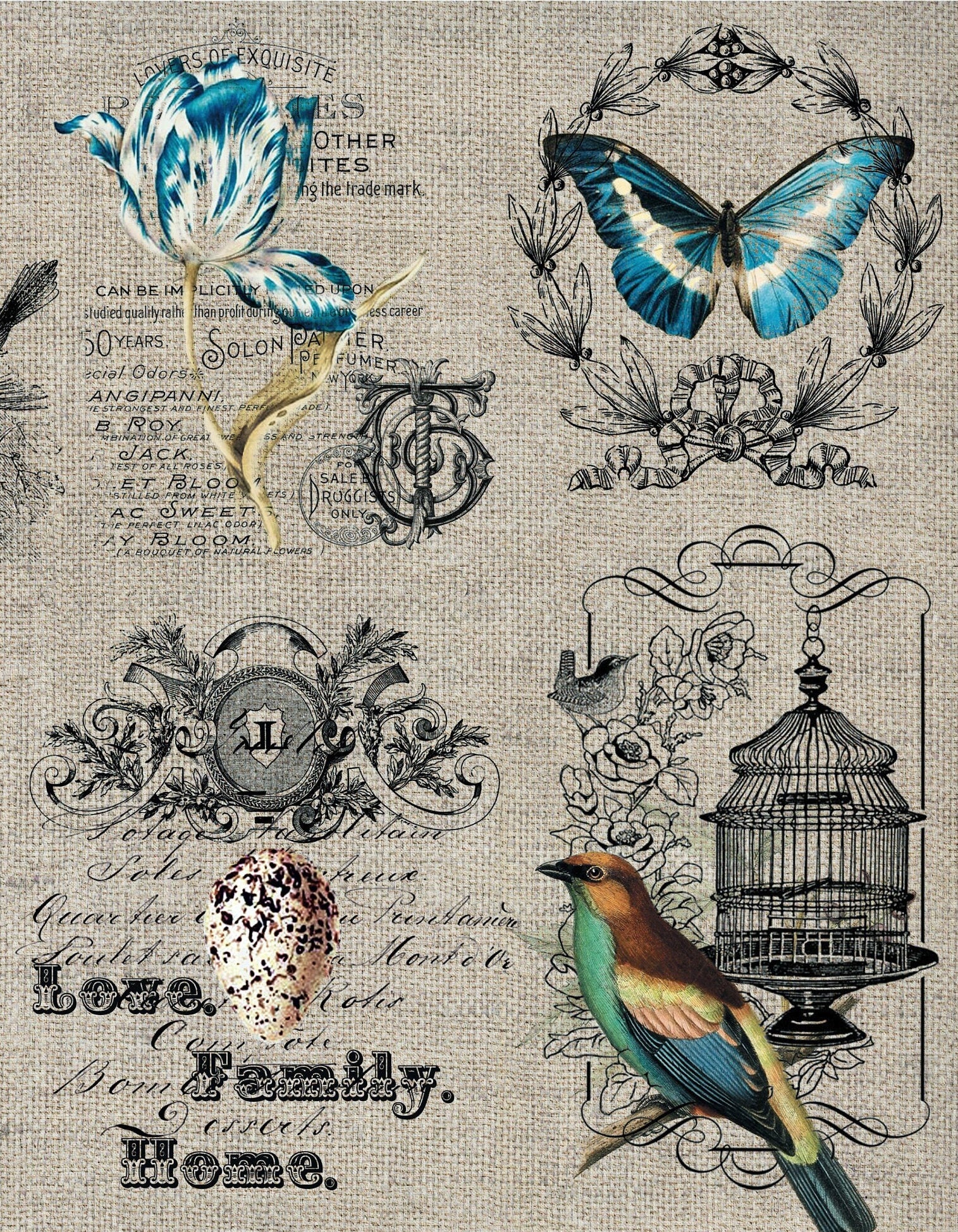 Large Decoupage Paper - Decoupage Art - Rice Paper for Decoupage - Decoupage for Furniture - Vintage Decoupage - Birds Cages