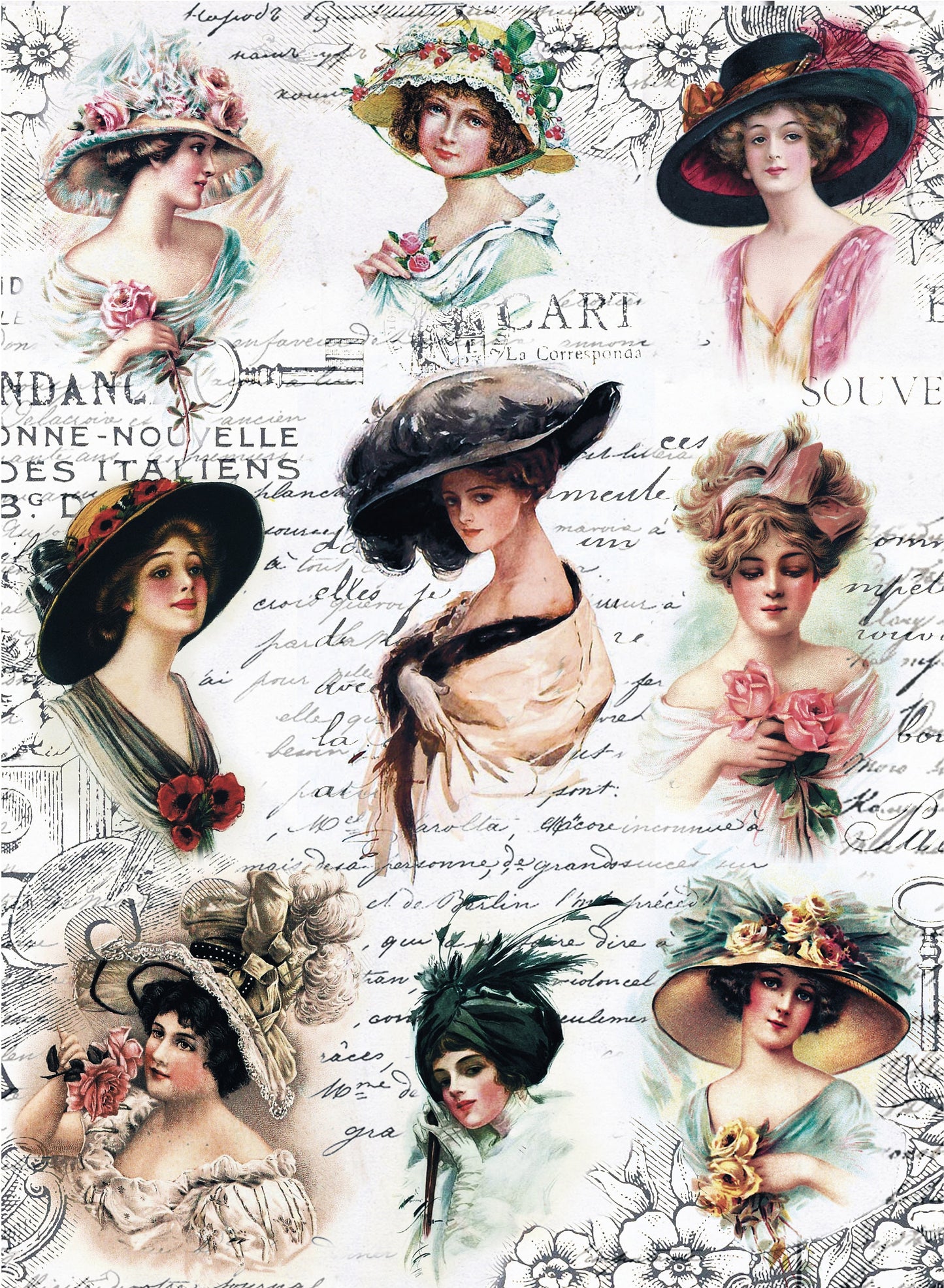 Large Decoupage Paper - Decoupage Art - Rice Paper for Decoupage - Decoupage for Furniture - Vintage Decoupage - Ladies with Hats
