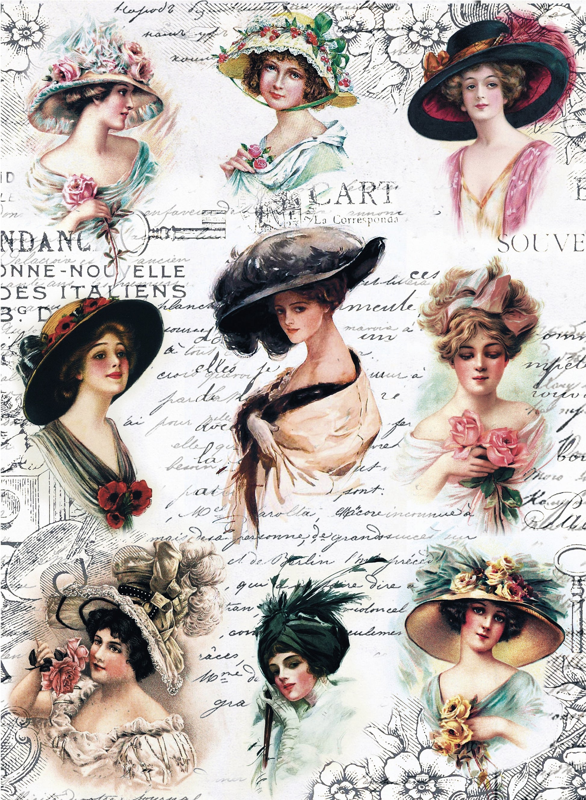 Large Decoupage Paper - Decoupage Art - Rice Paper for Decoupage - Decoupage for Furniture - Vintage Decoupage - Ladies with Hats