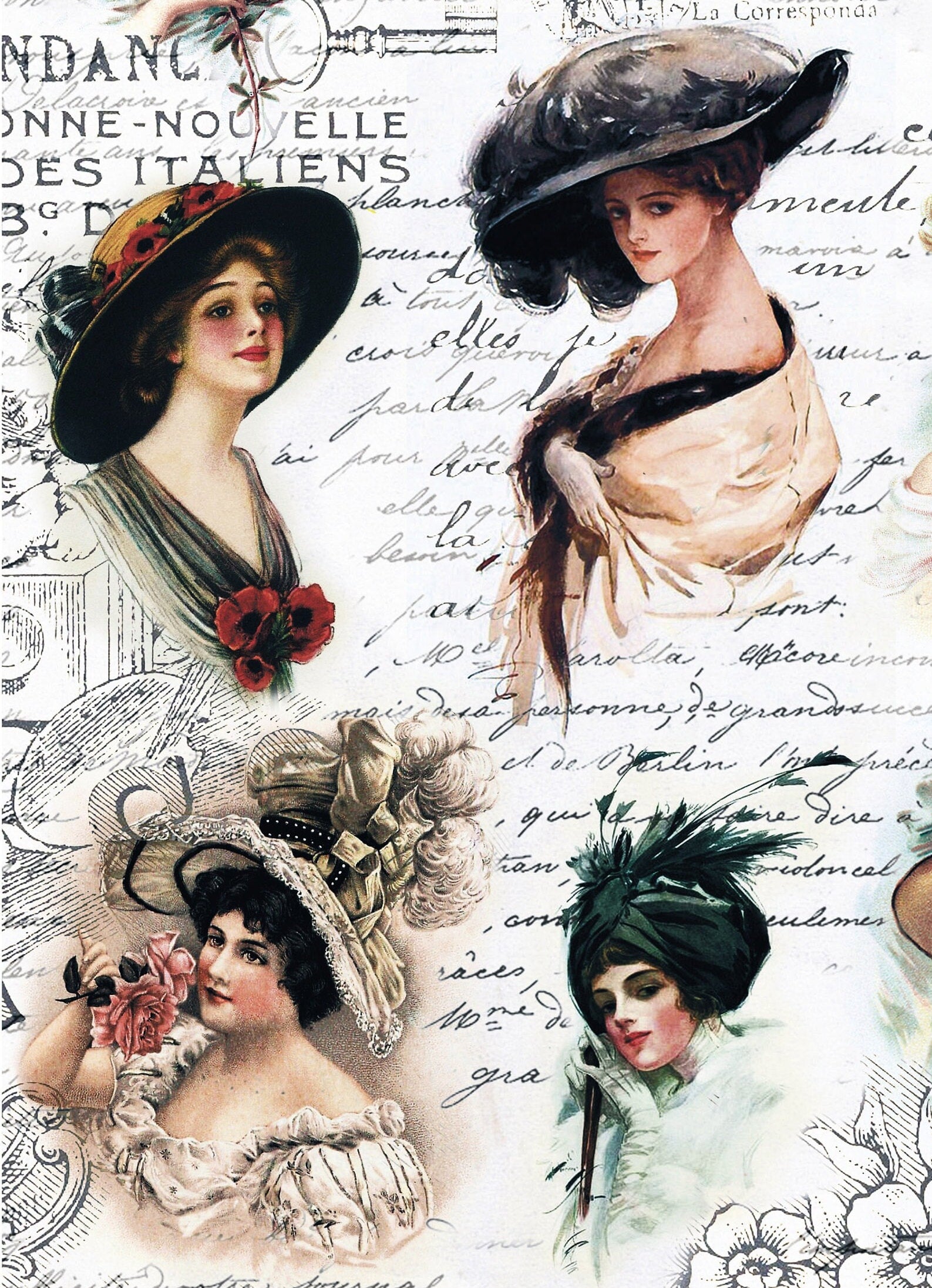 Large Decoupage Paper - Decoupage Art - Rice Paper for Decoupage - Decoupage for Furniture - Vintage Decoupage - Ladies with Hats
