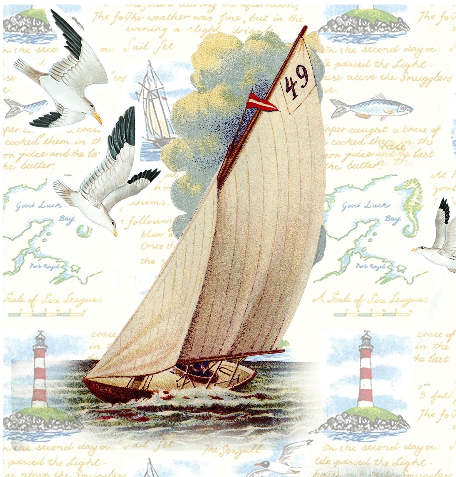 Large Decoupage Paper - Decoupage Art - Rice Paper for Decoupage - Decoupage for Furniture - Vintage Decoupage - Sailing Lighthouse Birds