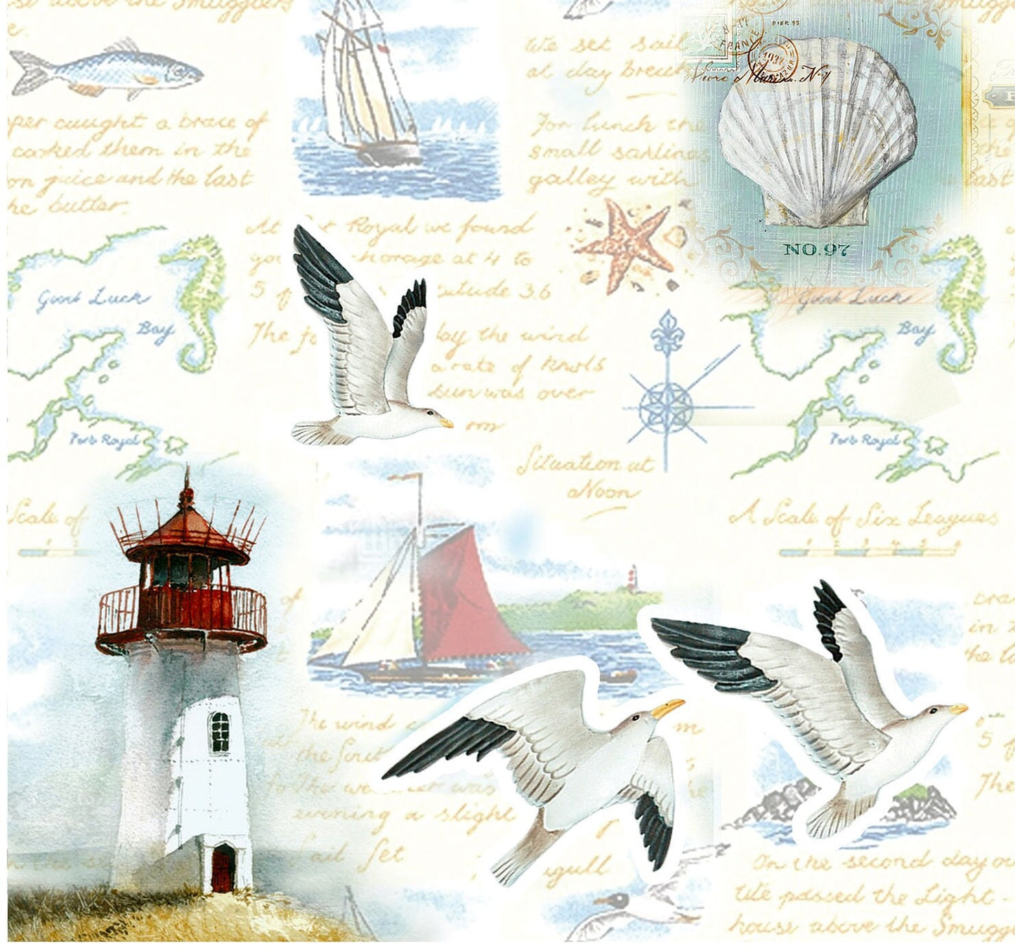 Large Decoupage Paper - Decoupage Art - Rice Paper for Decoupage - Decoupage for Furniture - Vintage Decoupage - Sailing Lighthouse Birds