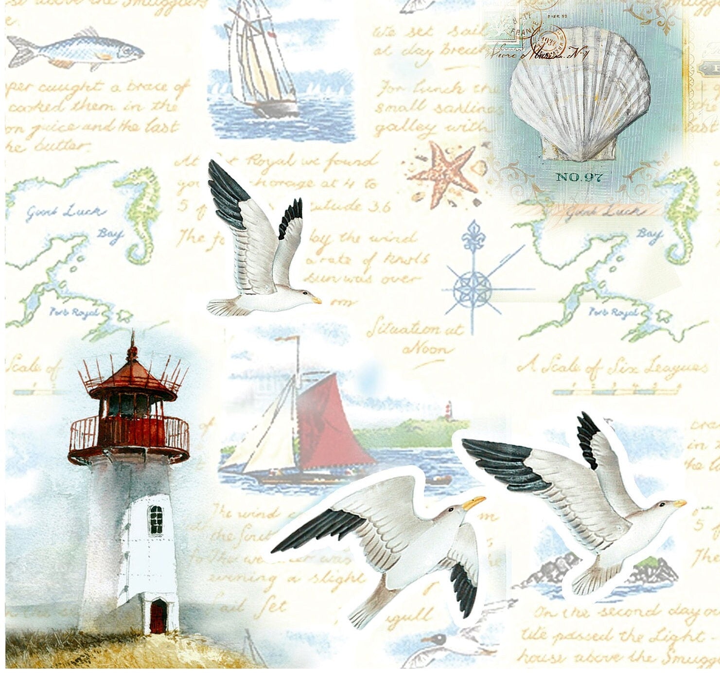 Large Decoupage Paper - Decoupage Art - Rice Paper for Decoupage - Decoupage for Furniture - Vintage Decoupage - Sailing Lighthouse Birds