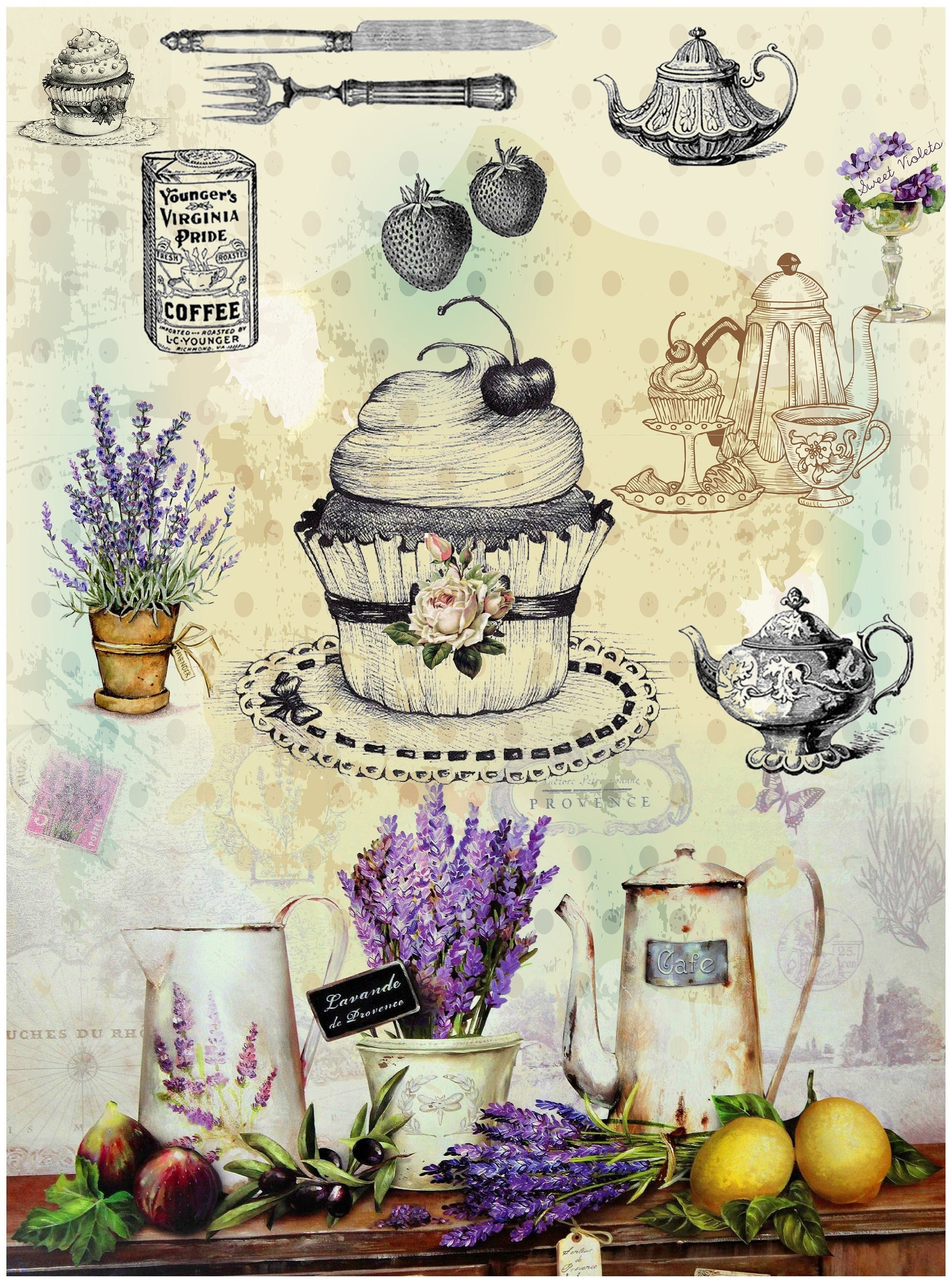 Decoupage Rice Paper - Vintage Kitchen & Lavender Art
