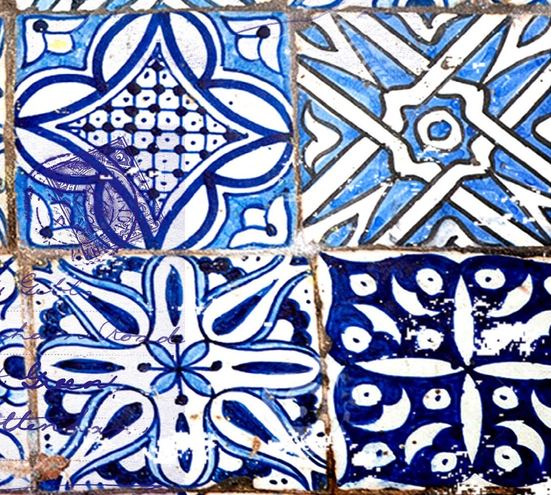 Large Decoupage Paper - Decoupage Art - Rice Paper for Decoupage - Decoupage for Furniture - Vintage Decoupage - Blue Tile