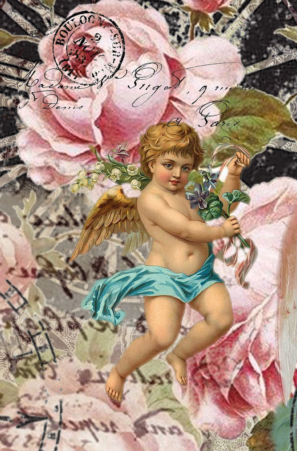 Large Decoupage Paper - Decoupage Art - Rice Paper for Decoupage - Decoupage for Furniture - Vintage Decoupage - Roses & Baby Angels