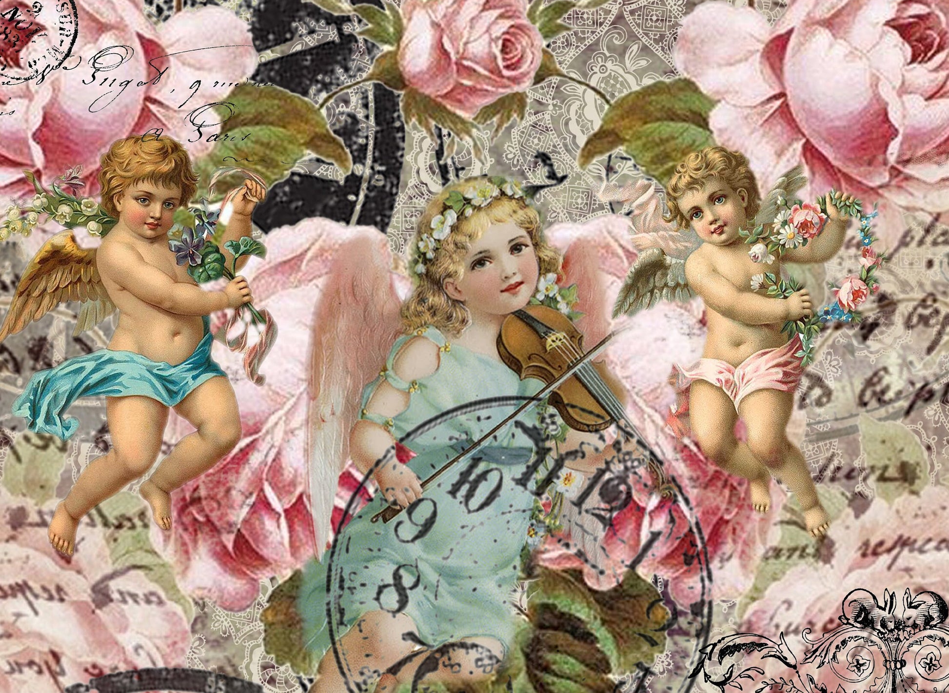 Large Decoupage Paper - Decoupage Art - Rice Paper for Decoupage - Decoupage for Furniture - Vintage Decoupage - Roses & Baby Angels