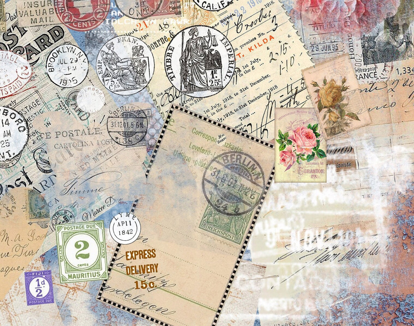 Large Decoupage Paper - Decoupage Art - Rice Paper for Decoupage - Decoupage for Furniture - Vintage Decoupage - Old Letter Stamp Postcard