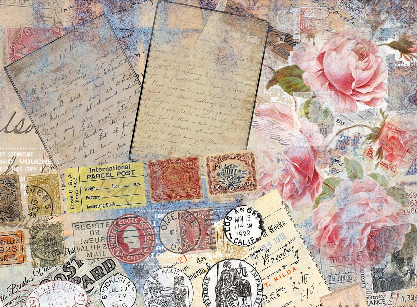 Large Decoupage Paper - Decoupage Art - Rice Paper for Decoupage - Decoupage for Furniture - Vintage Decoupage - Old Letter Stamp Postcard