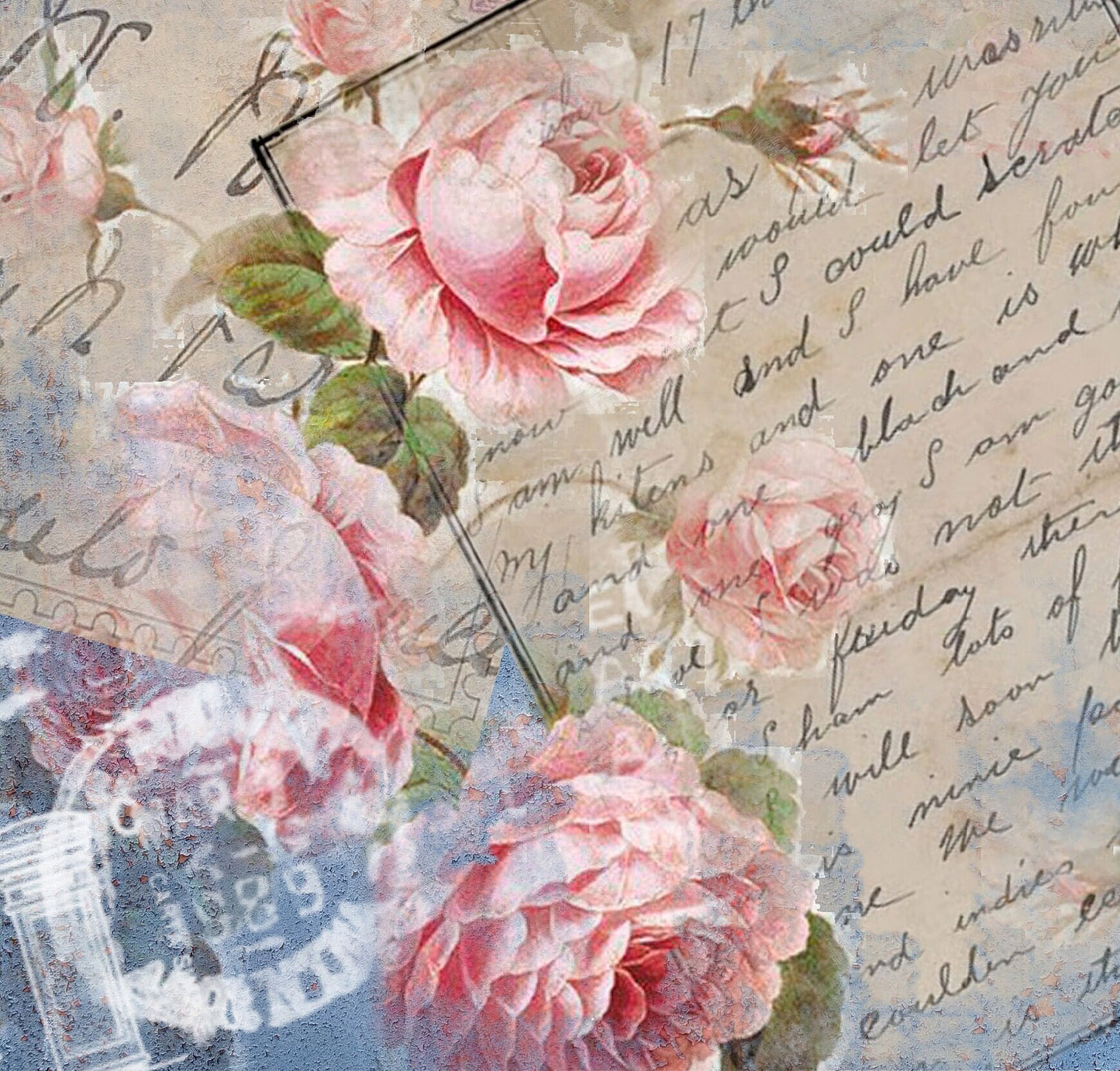 Large Decoupage Paper - Decoupage Art - Rice Paper for Decoupage - Decoupage for Furniture - Vintage Decoupage - Old Letter Pink Roses