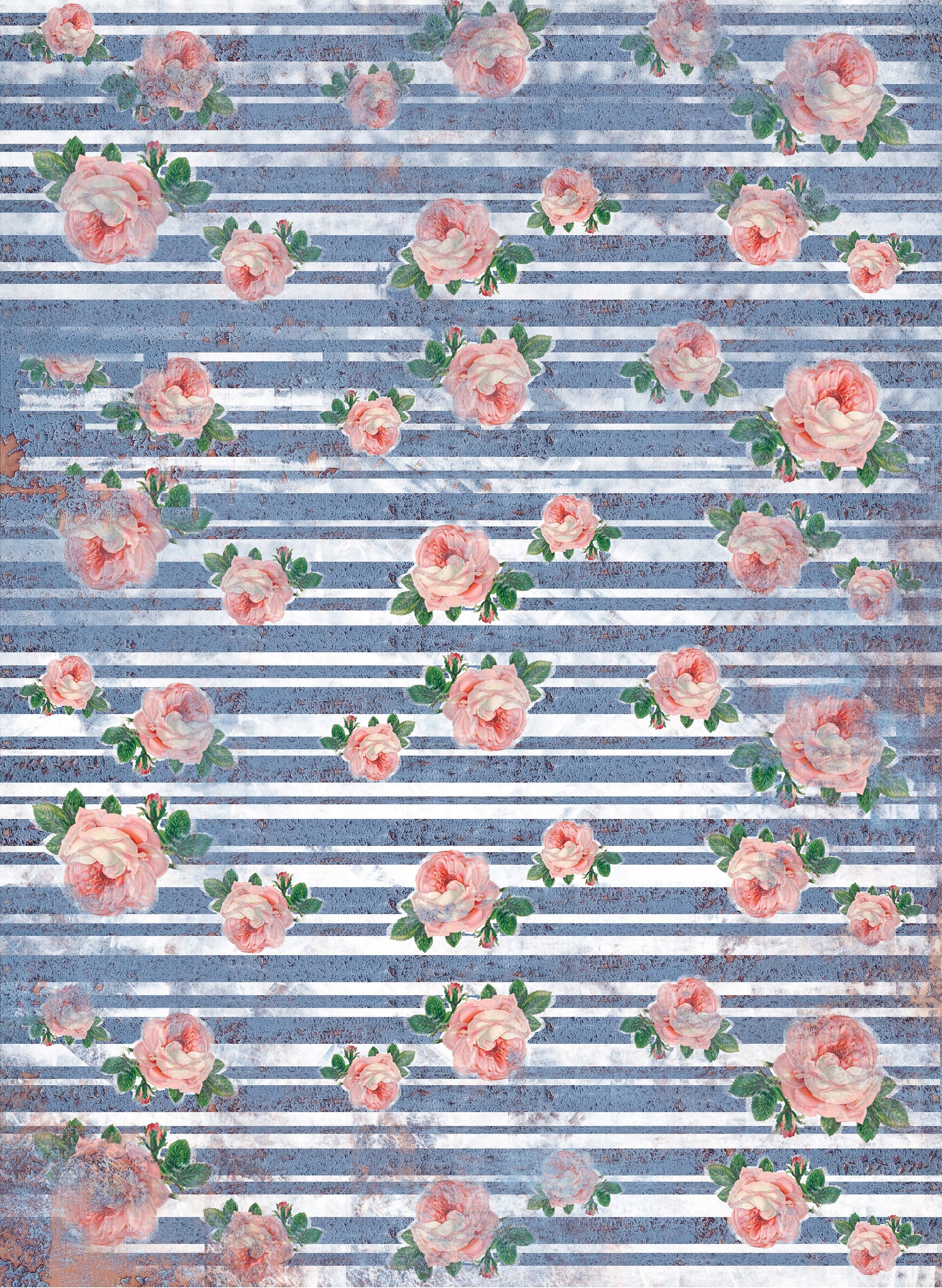 Large Decoupage Paper - Decoupage Art - Rice Paper for Decoupage - Decoupage for Furniture - Vintage Decoupage - Blue Stripe Pink Roses