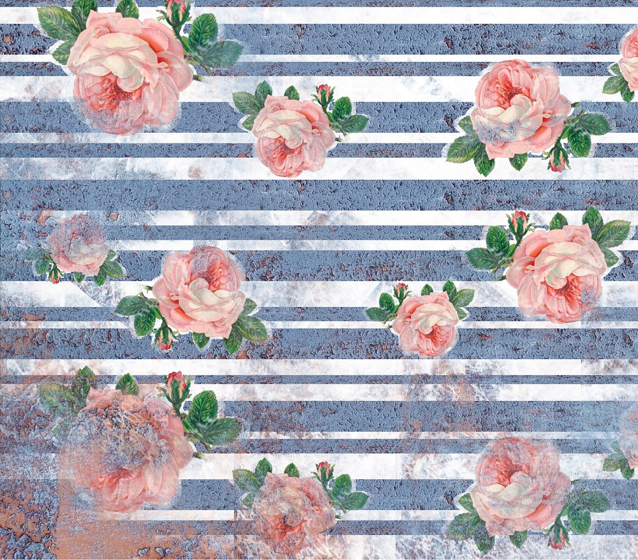 Large Decoupage Paper - Decoupage Art - Rice Paper for Decoupage - Decoupage for Furniture - Vintage Decoupage - Blue Stripe Pink Roses
