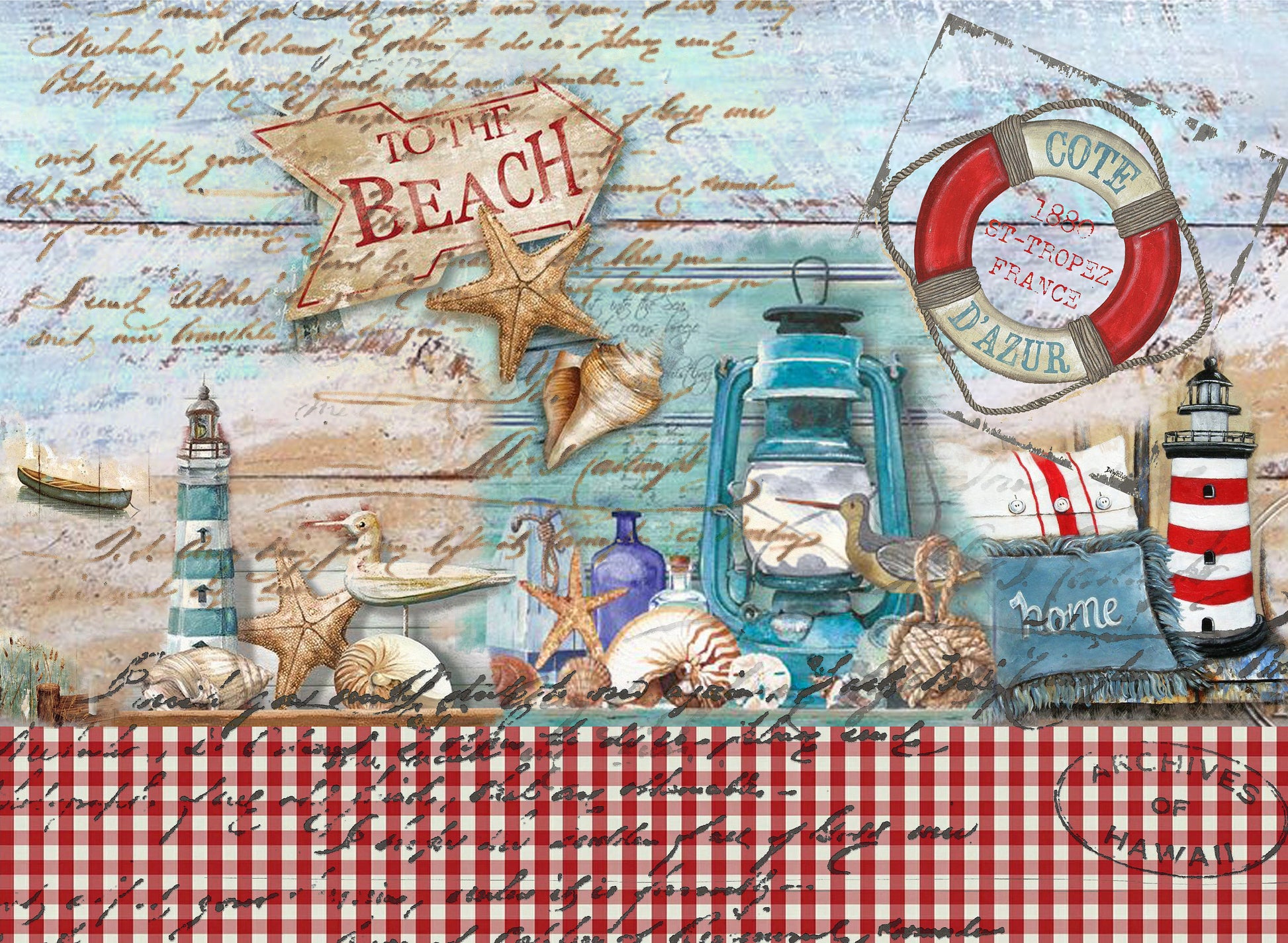 Large Decoupage Paper - Decoupage Art - Rice Paper for Decoupage - Decoupage for Furniture - Vintage Decoupage - Beach Lighthouse Gingham