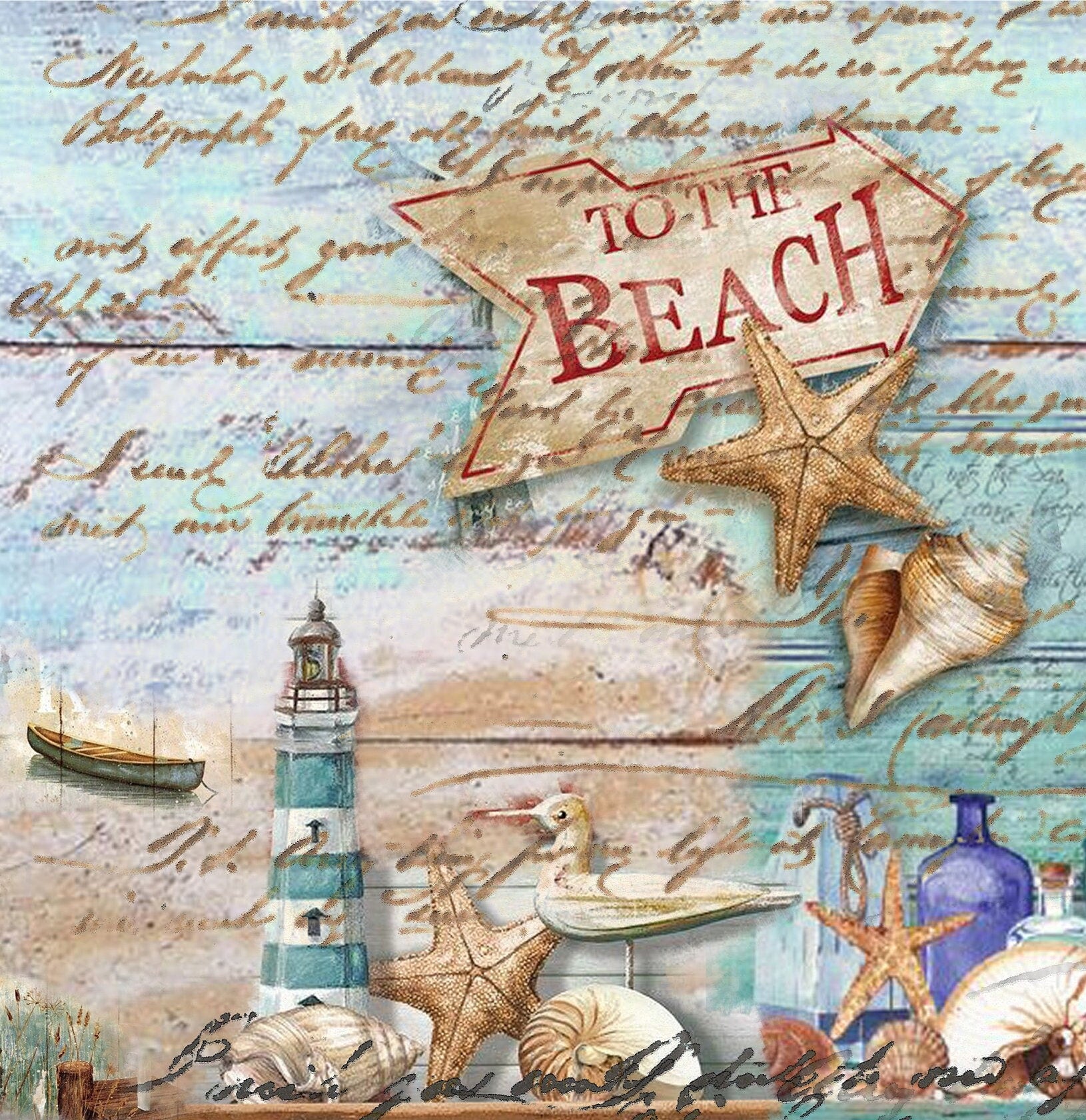 Large Decoupage Paper - Decoupage Art - Rice Paper for Decoupage - Decoupage for Furniture - Vintage Decoupage - Beach Lighthouse Gingham