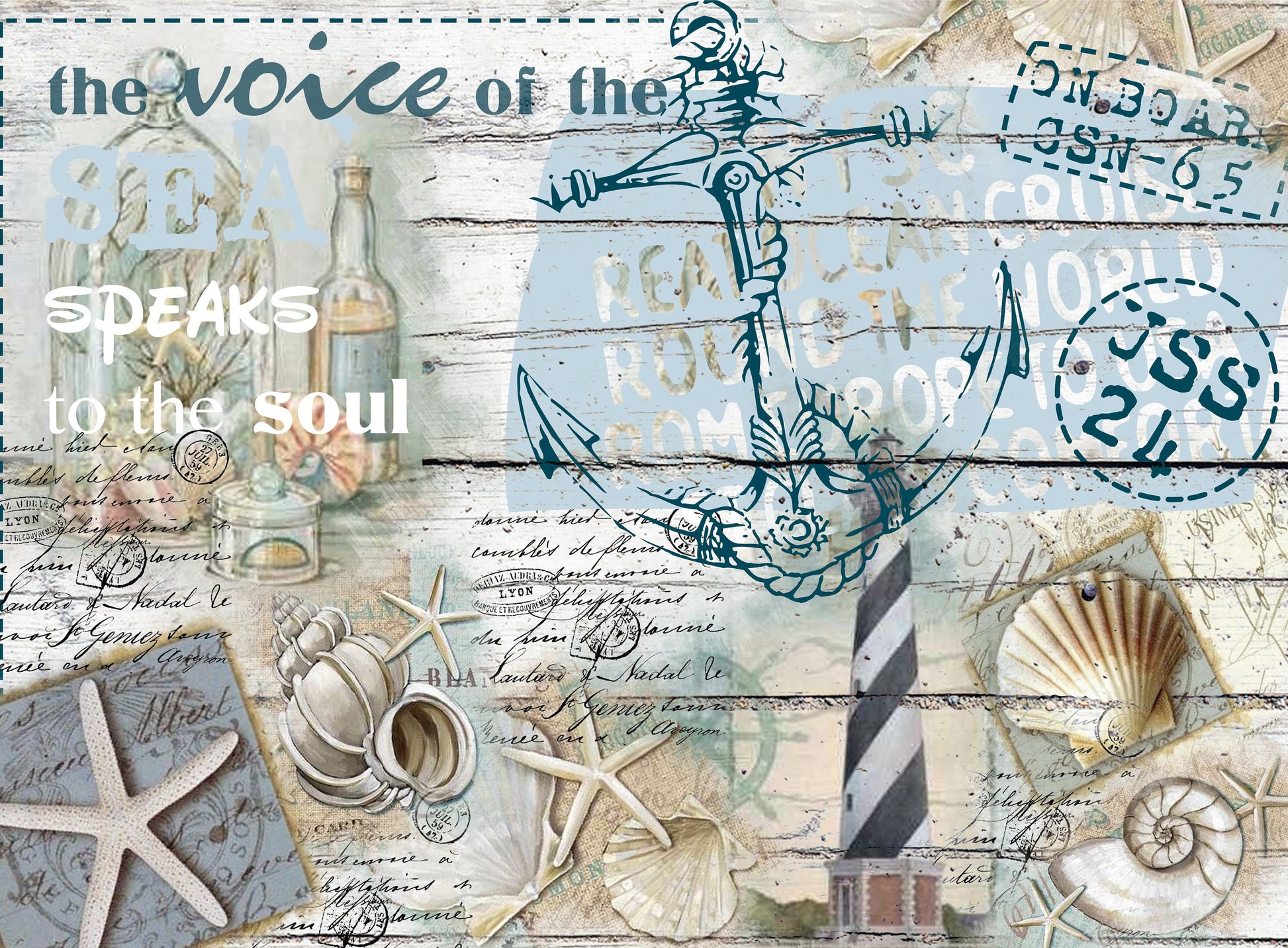 Large Decoupage Paper - Sea Life Rice Paper - Furniture Makeover - Vintage - Beach Lighthouse Seastar