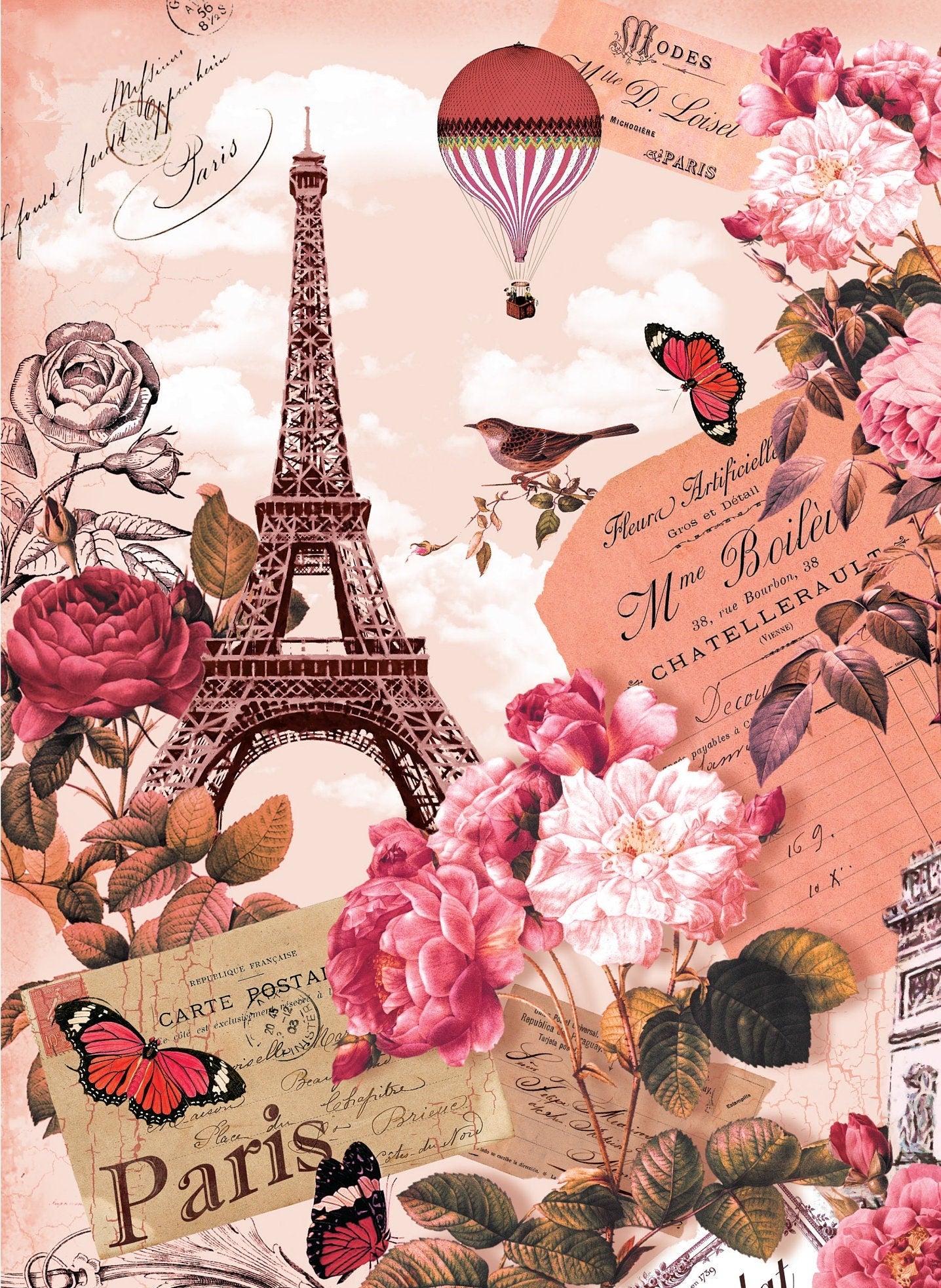 Paris Floral Decoupage Paper - Large Rice Paper for Decoupage - Furniture Decoupage - Vintage Decoupage
