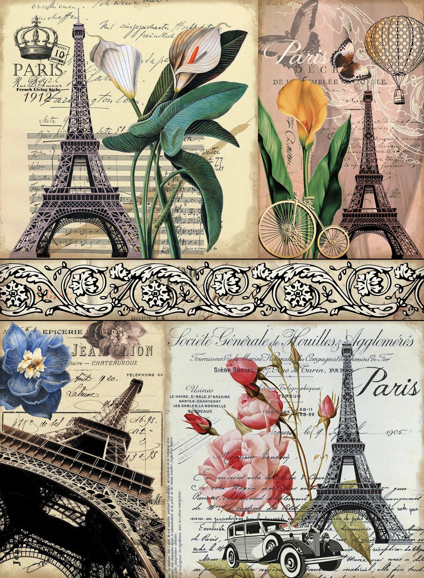 Paris Floral Decoupage Paper - Large Rice Paper for Decoupage - Furniture Decoupage - Vintage Decoupage