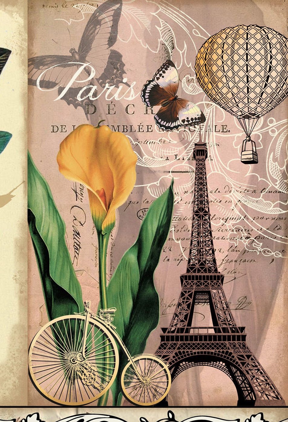 Paris Floral Decoupage Paper - Large Rice Paper for Decoupage - Furniture Decoupage - Vintage Decoupage