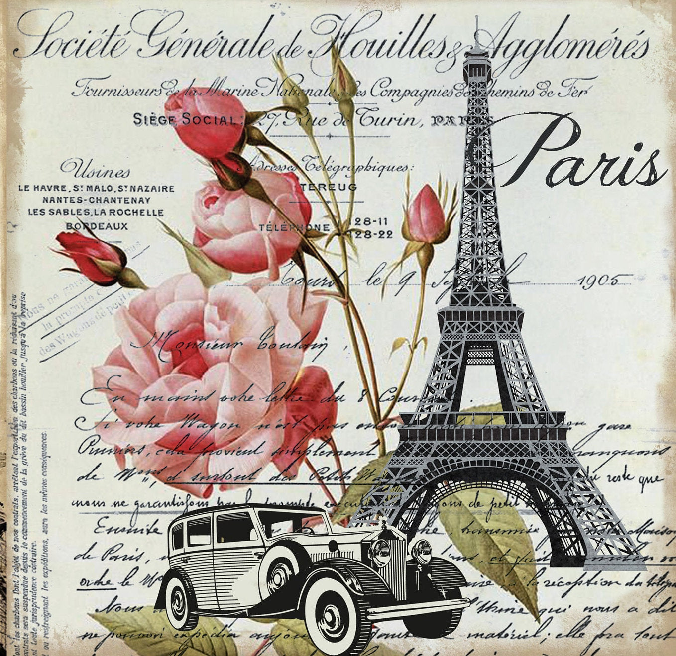 Paris Floral Decoupage Paper - Large Rice Paper for Decoupage - Furniture Decoupage - Vintage Decoupage