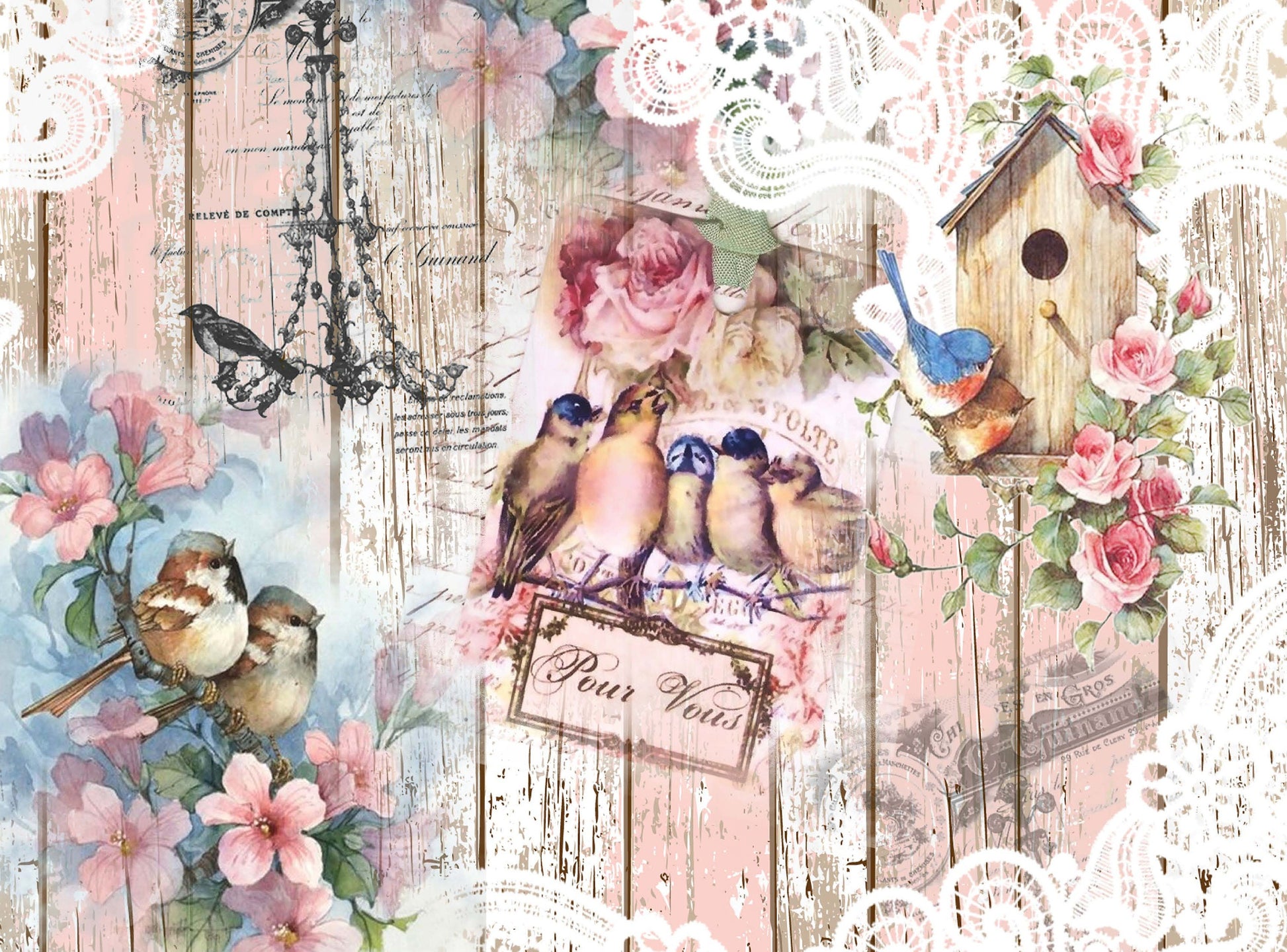 Large Rice Paper for Decoupage - Furniture Decoupage - Vintage Decoupage - Floral Decoupage Paper - Birds Roses