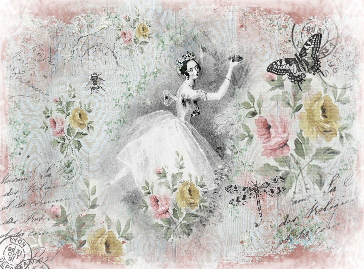 Large Rice Paper for Decoupage - Furniture Decoupage - Vintage Decoupage - Floral Decoupage Paper - Ballerina Flowers