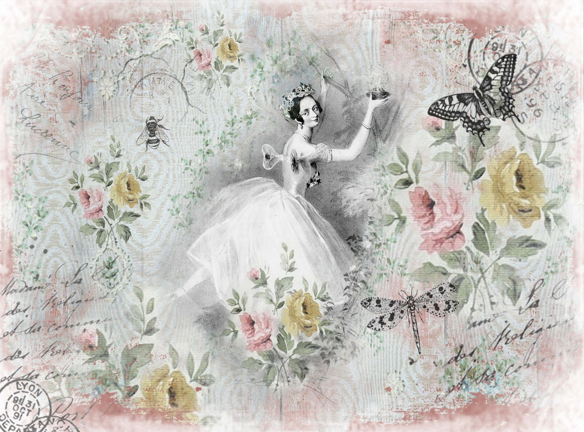 Large Rice Paper for Decoupage - Furniture Decoupage - Vintage Decoupage - Floral Decoupage Paper - Ballerina Flowers