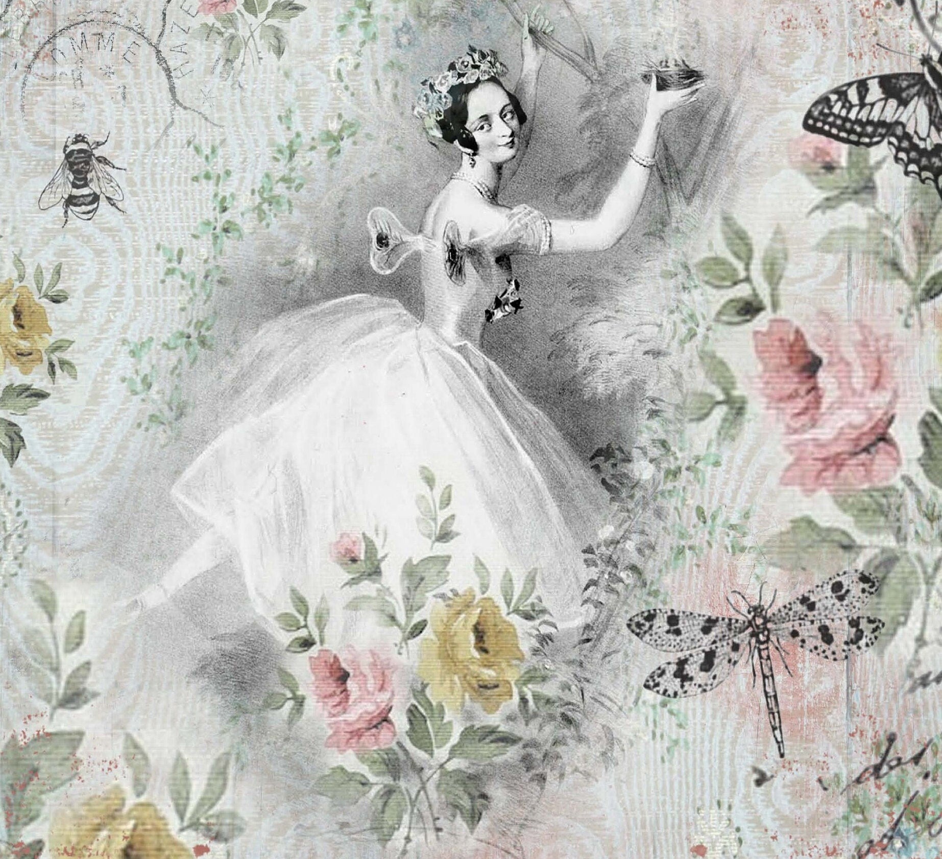 Large Rice Paper for Decoupage - Furniture Decoupage - Vintage Decoupage - Floral Decoupage Paper - Ballerina Flowers