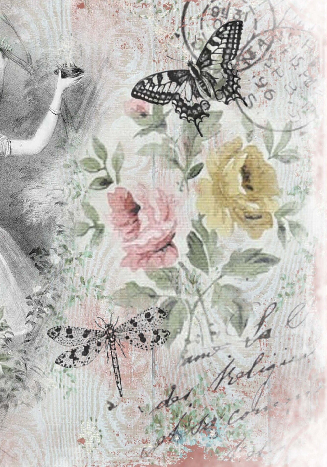 Large Rice Paper for Decoupage - Furniture Decoupage - Vintage Decoupage - Floral Decoupage Paper - Ballerina Flowers