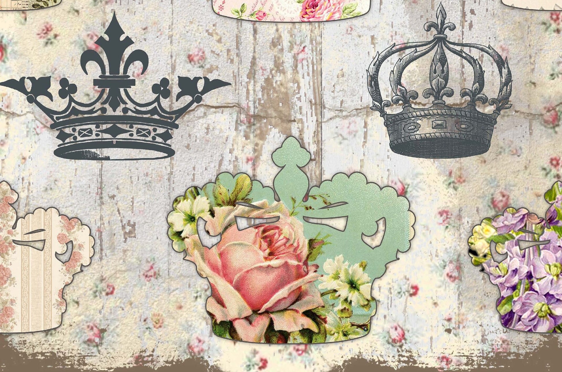 Large Rice Paper for Decoupage - Furniture Decoupage - Vintage Decoupage - Floral Decoupage Paper - Crown Flowers