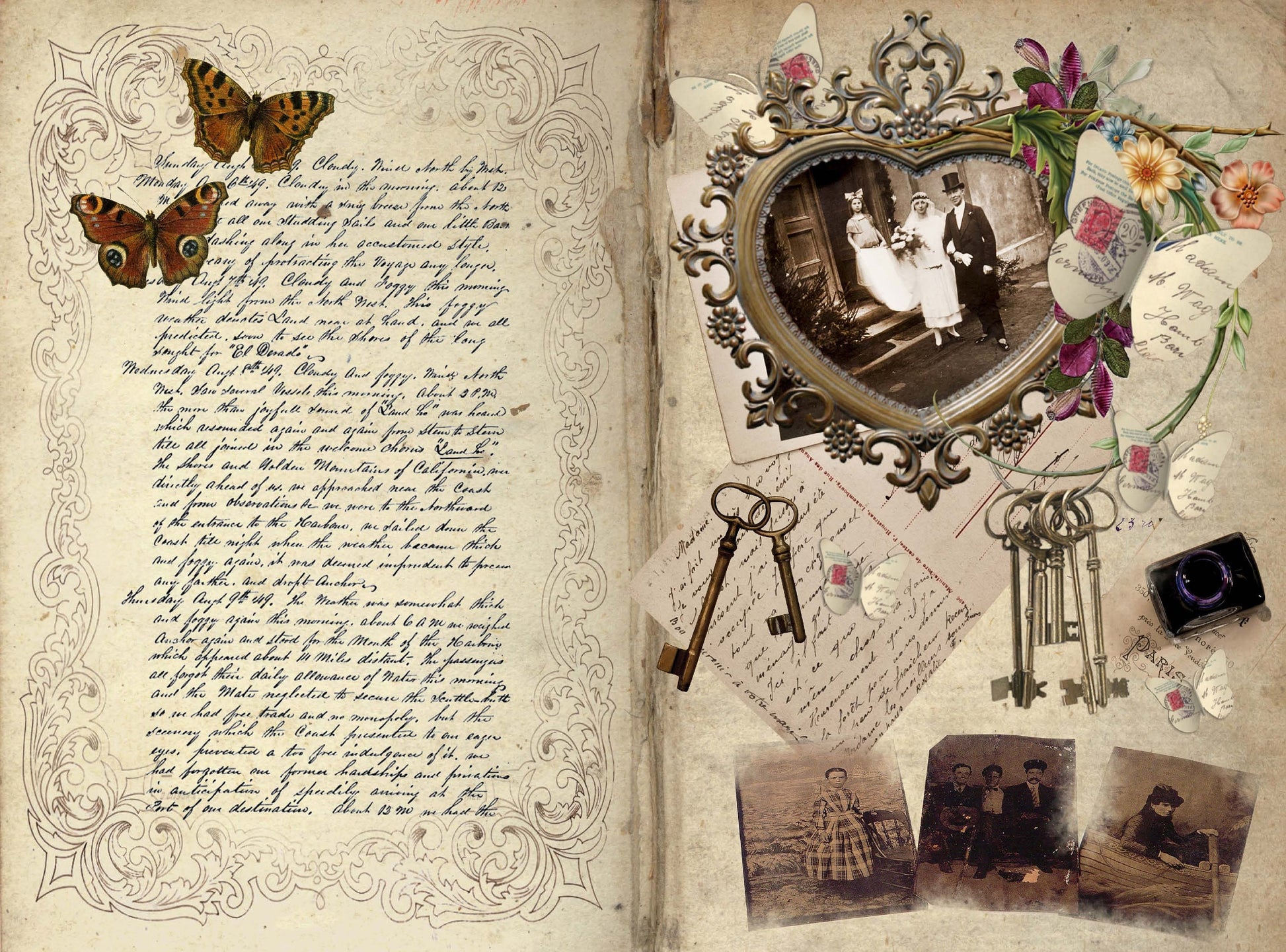 Large Rice Paper for Decoupage - Furniture Decoupage - Vintage Decoupage - Floral Decoupage Paper - Butterfly Key Old Frame