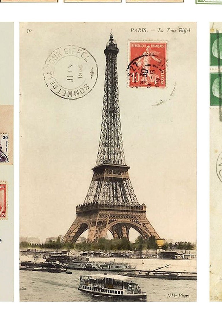 Large Rice Paper for Decoupage - Furniture Decoupage - Vintage Decoupage - Decoupage Paper - Eiffel Tower Stamps