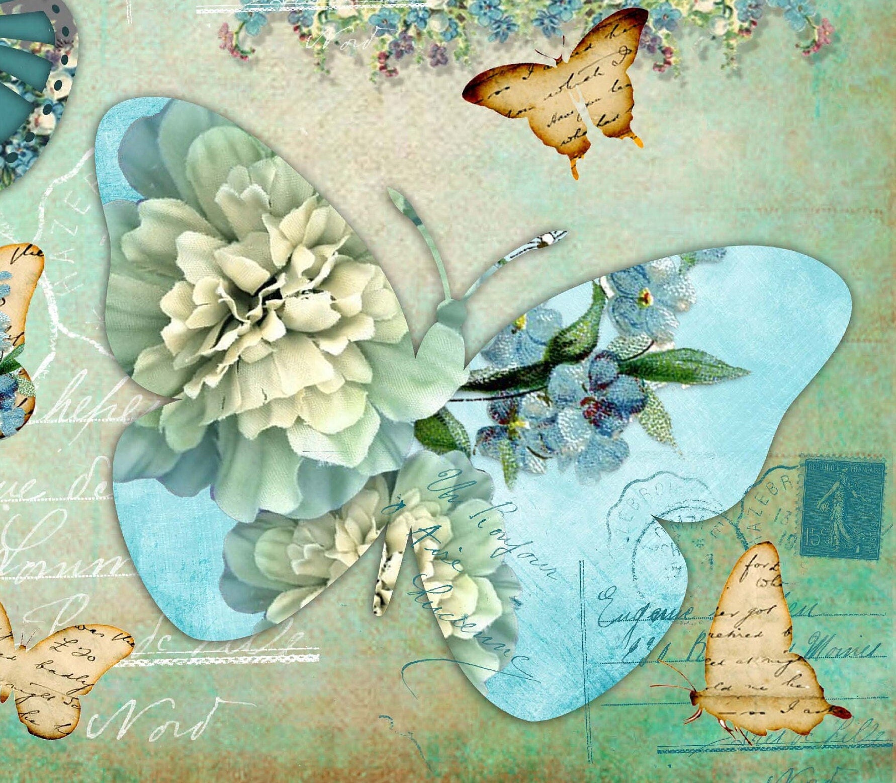Large Rice Paper for Decoupage - Furniture Decoupage - Vintage Decoupage - Decoupage Paper - Green Butterfly