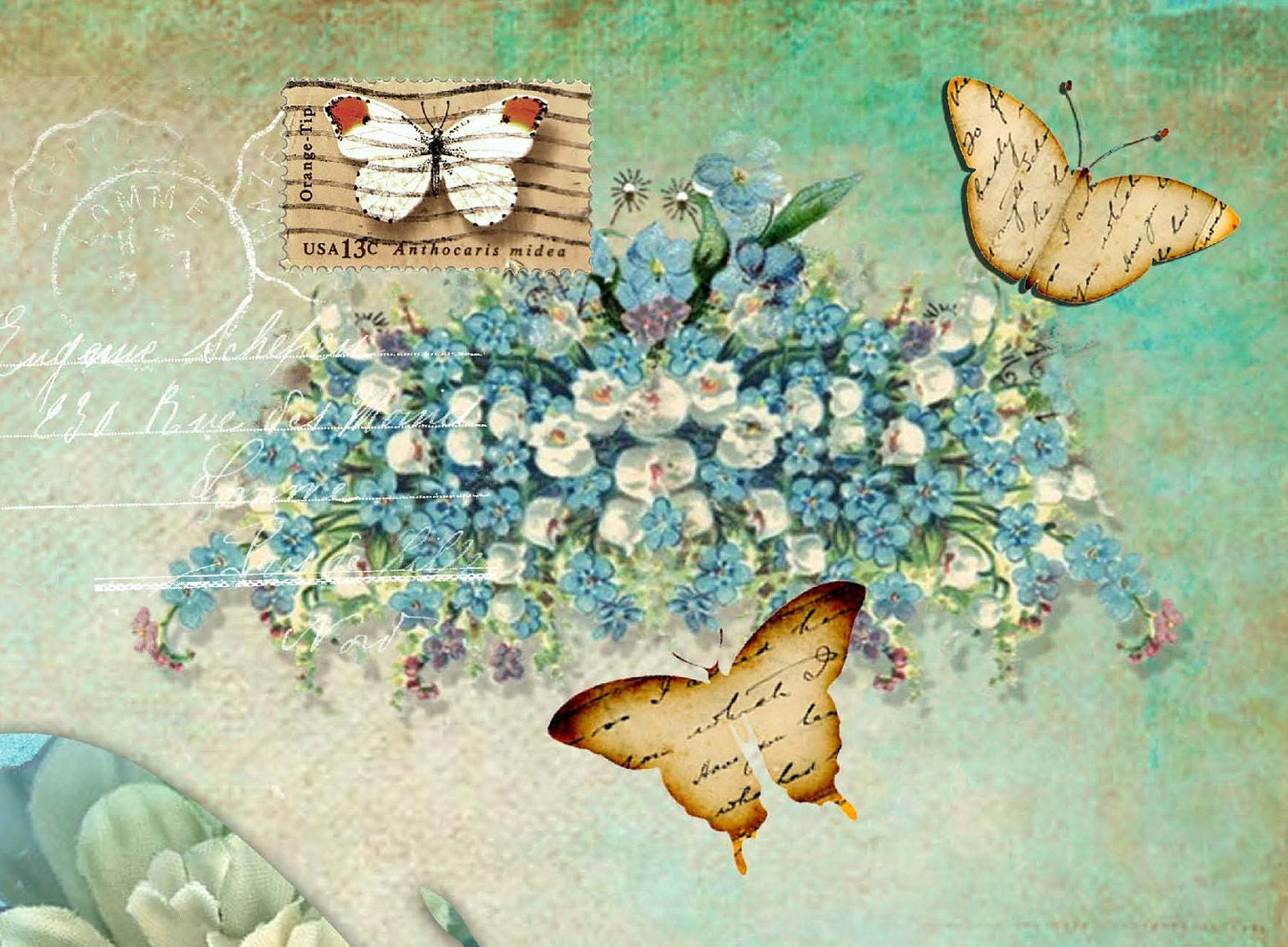 Large Rice Paper for Decoupage - Furniture Decoupage - Vintage Decoupage - Decoupage Paper - Green Butterfly