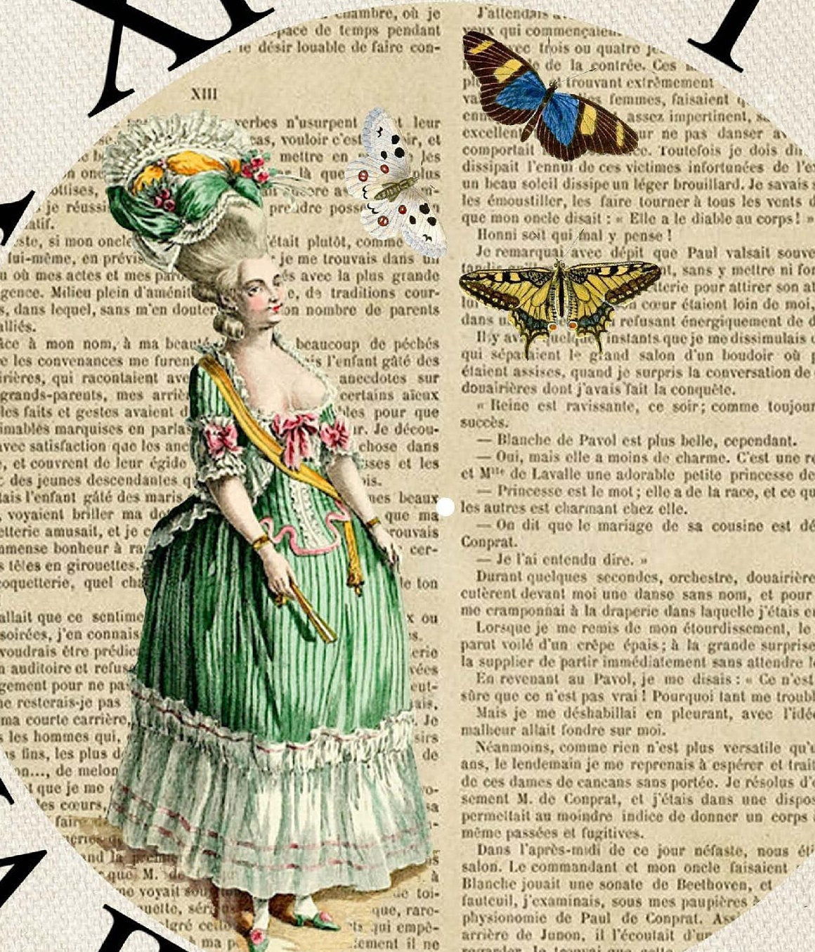 Large Rice Paper for Decoupage - Furniture Decoupage - Vintage Decoupage - Decoupage Paper - Green Dress Butterfly Clock