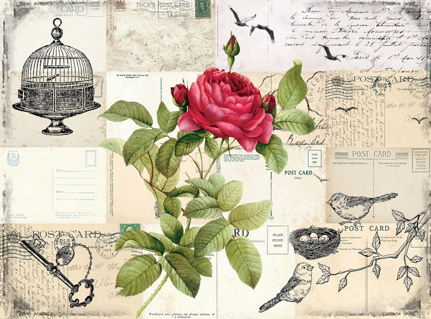 Large Rice Paper for Decoupage - Furniture Decoupage - Vintage Decoupage - Floral Decoupage Paper - Rose Bird