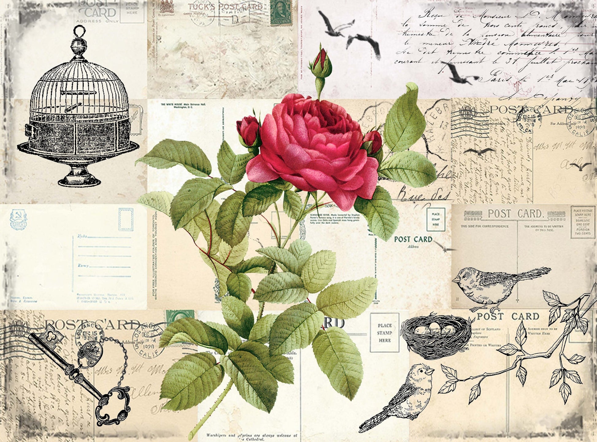 Large Rice Paper for Decoupage - Furniture Decoupage - Vintage Decoupage - Floral Decoupage Paper - Rose Bird