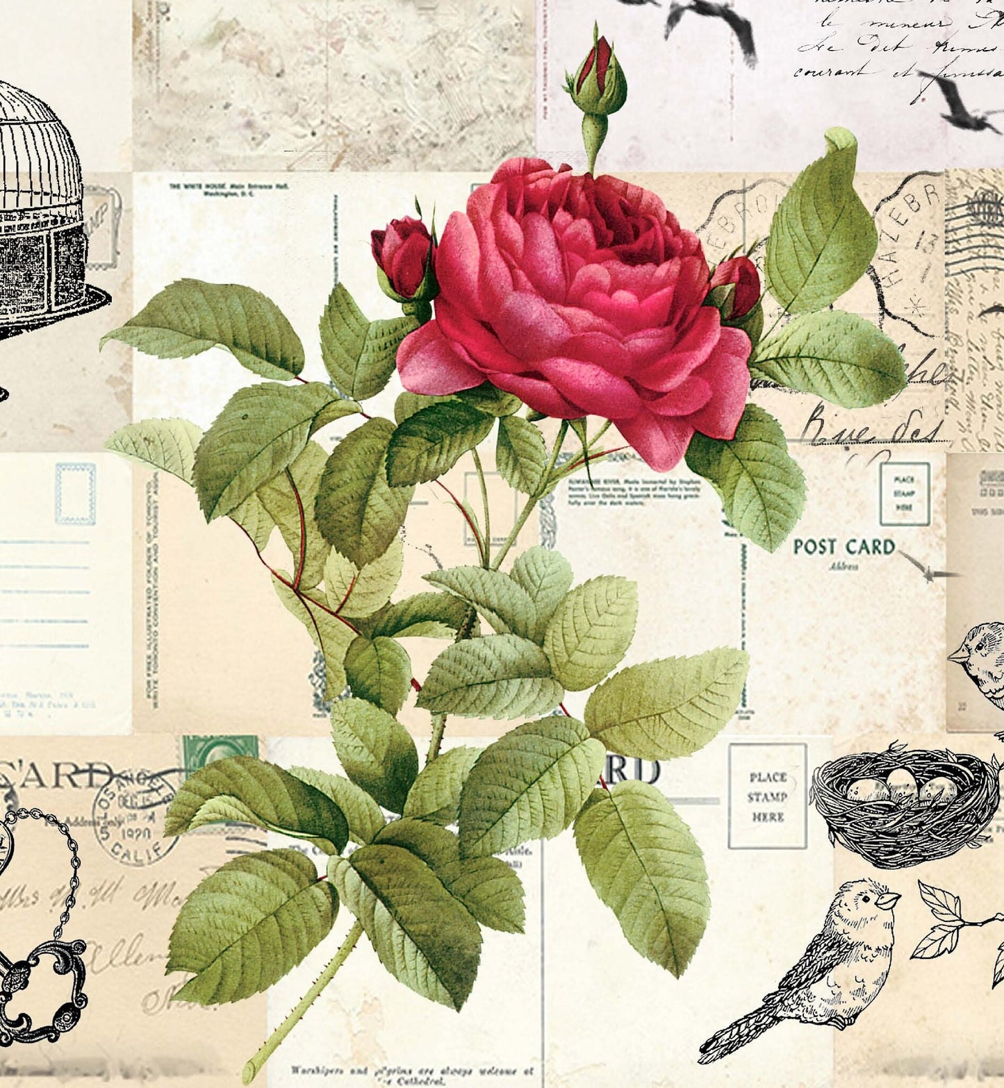 Large Rice Paper for Decoupage - Furniture Decoupage - Vintage Decoupage - Floral Decoupage Paper - Rose Bird