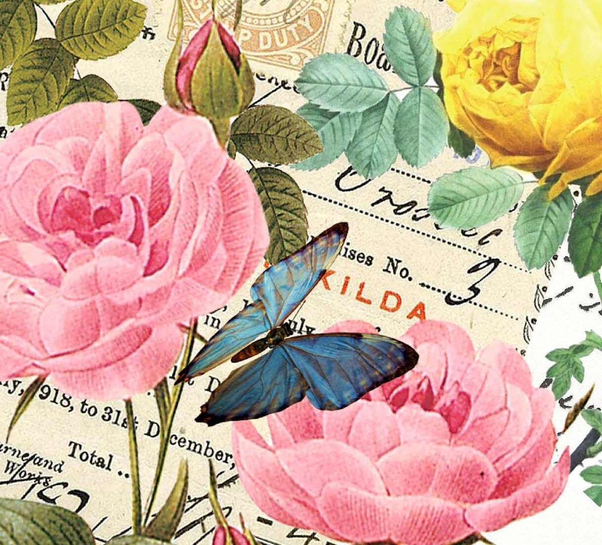 Large Rice Paper for Decoupage - Furniture Decoupage - Vintage Decoupage - Floral Decoupage Paper - Pink Yellow Rose Butterfly