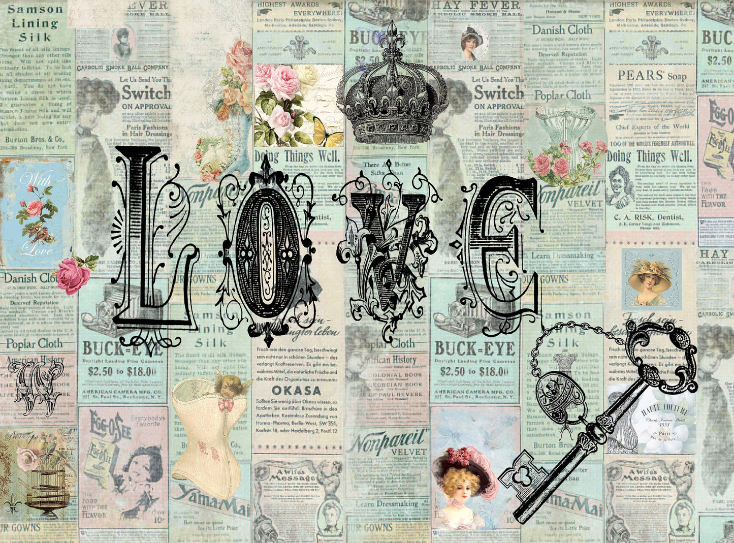 Large Rice Paper for Decoupage - Furniture Decoupage - Vintage Decoupage - Floral Decoupage Paper - Love Key