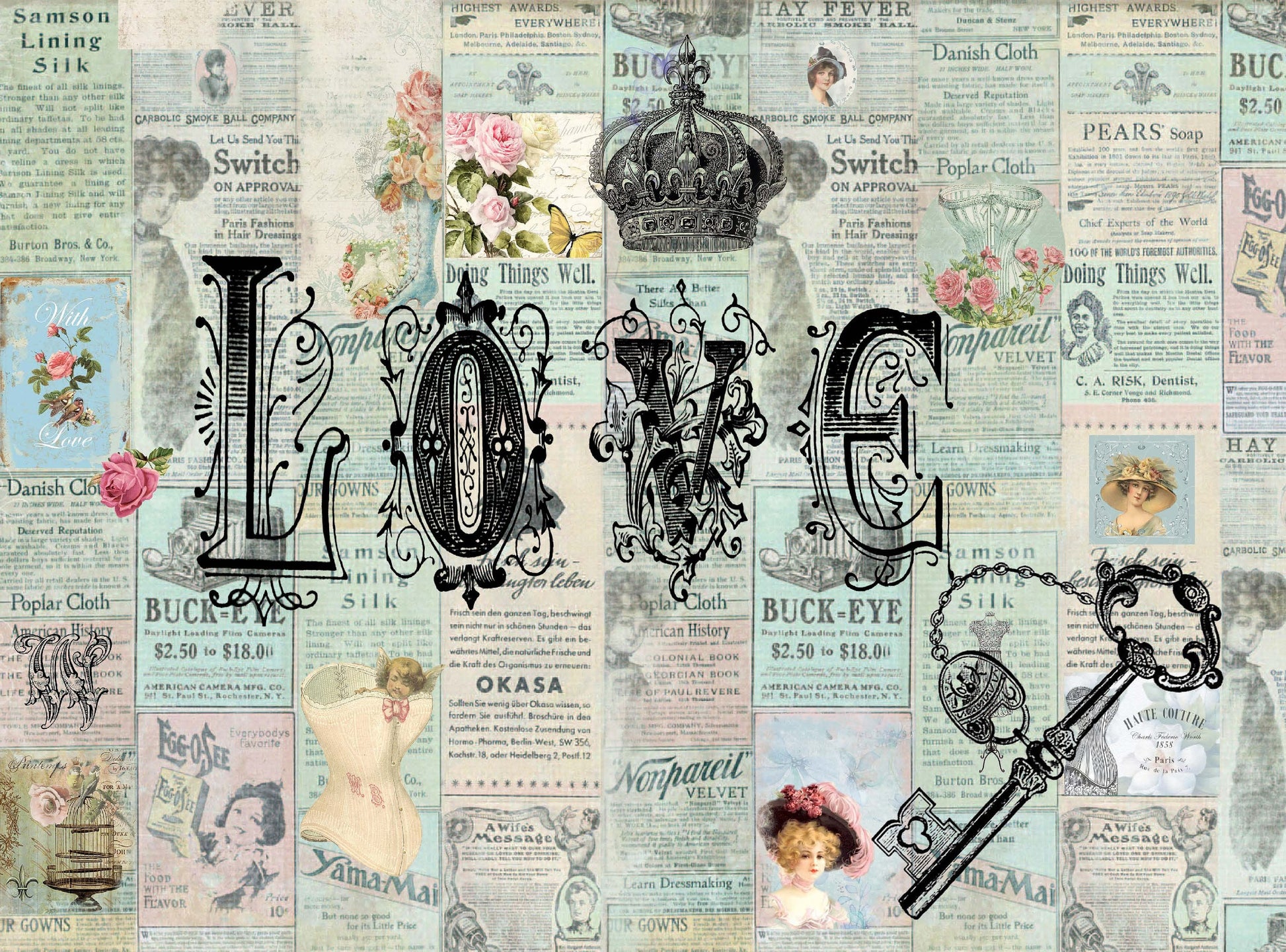 Large Rice Paper for Decoupage - Furniture Decoupage - Vintage Decoupage - Floral Decoupage Paper - Love Key